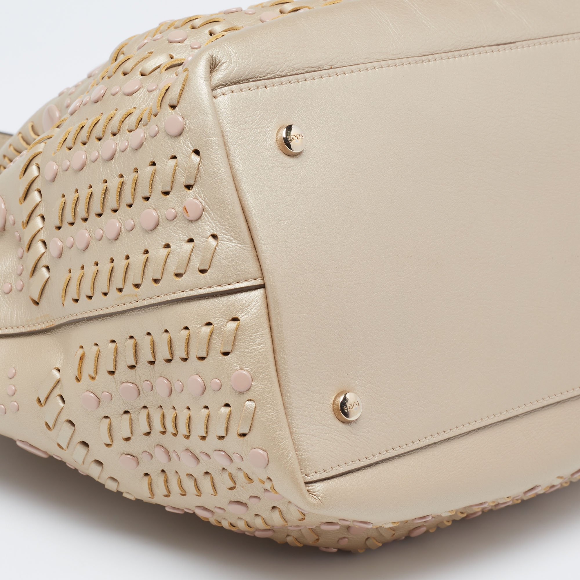 Tod's Metallic Beige Leather Studded Flower Tote