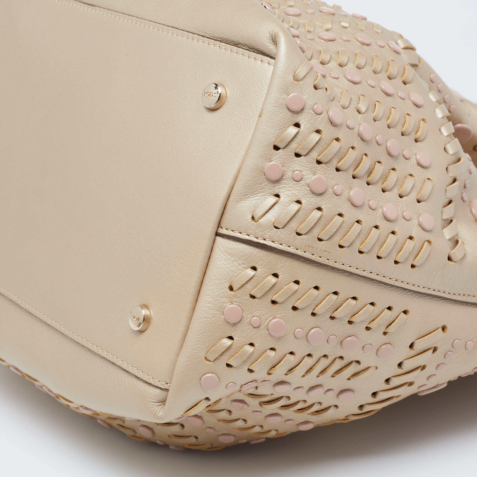 Tod's Metallic Beige Leather Studded Flower Tote