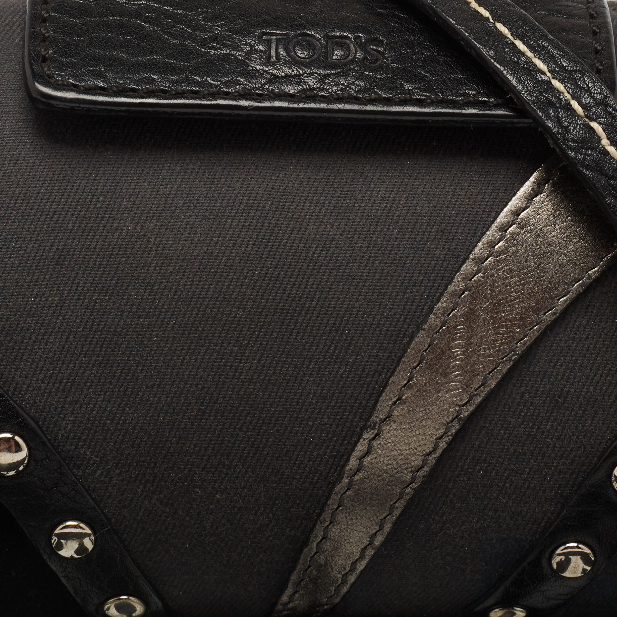 Tod's Black Leather And Canvas Studded Flap Shoulder Bag