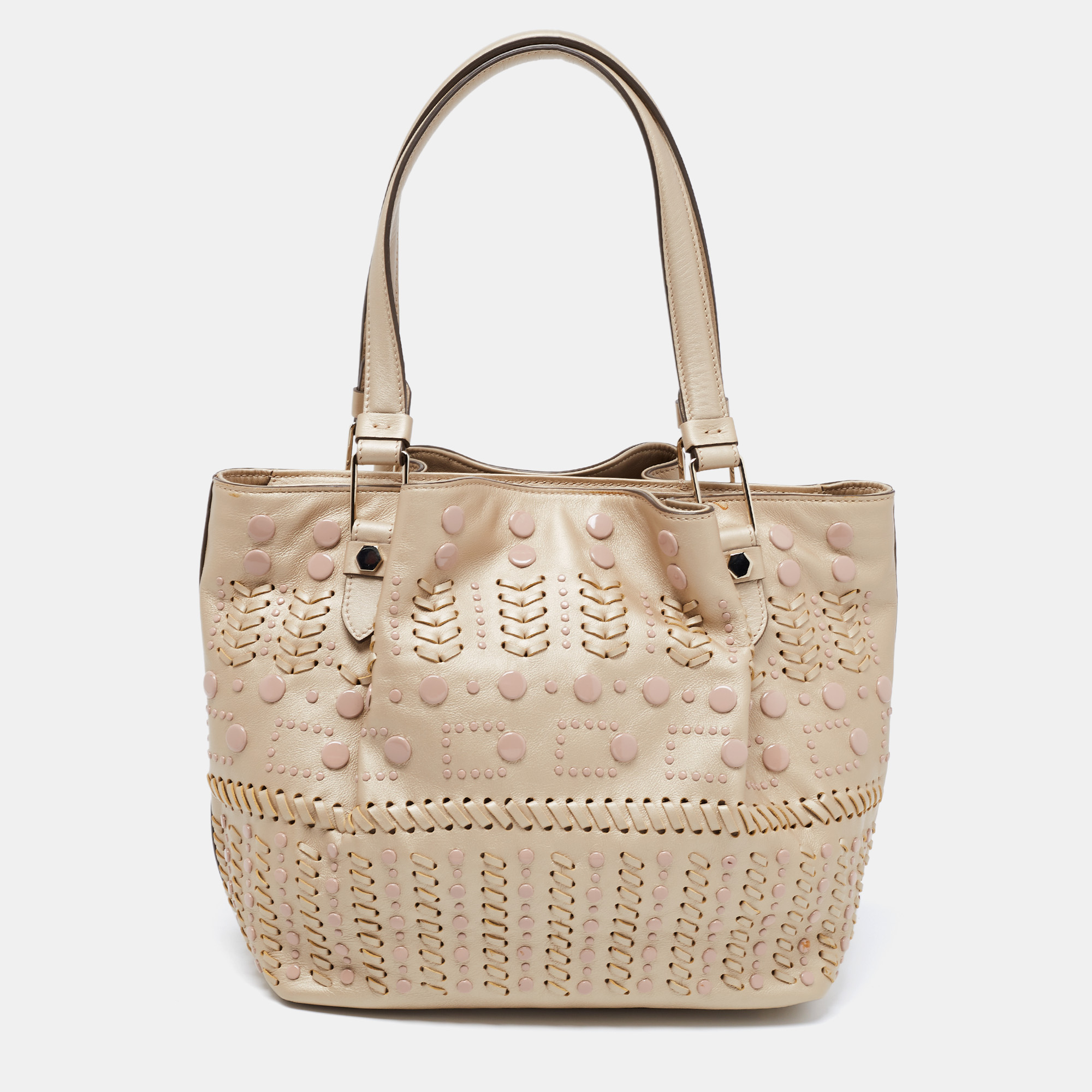 Tod's Metallic Beige Leather Small Studded Flower Tote