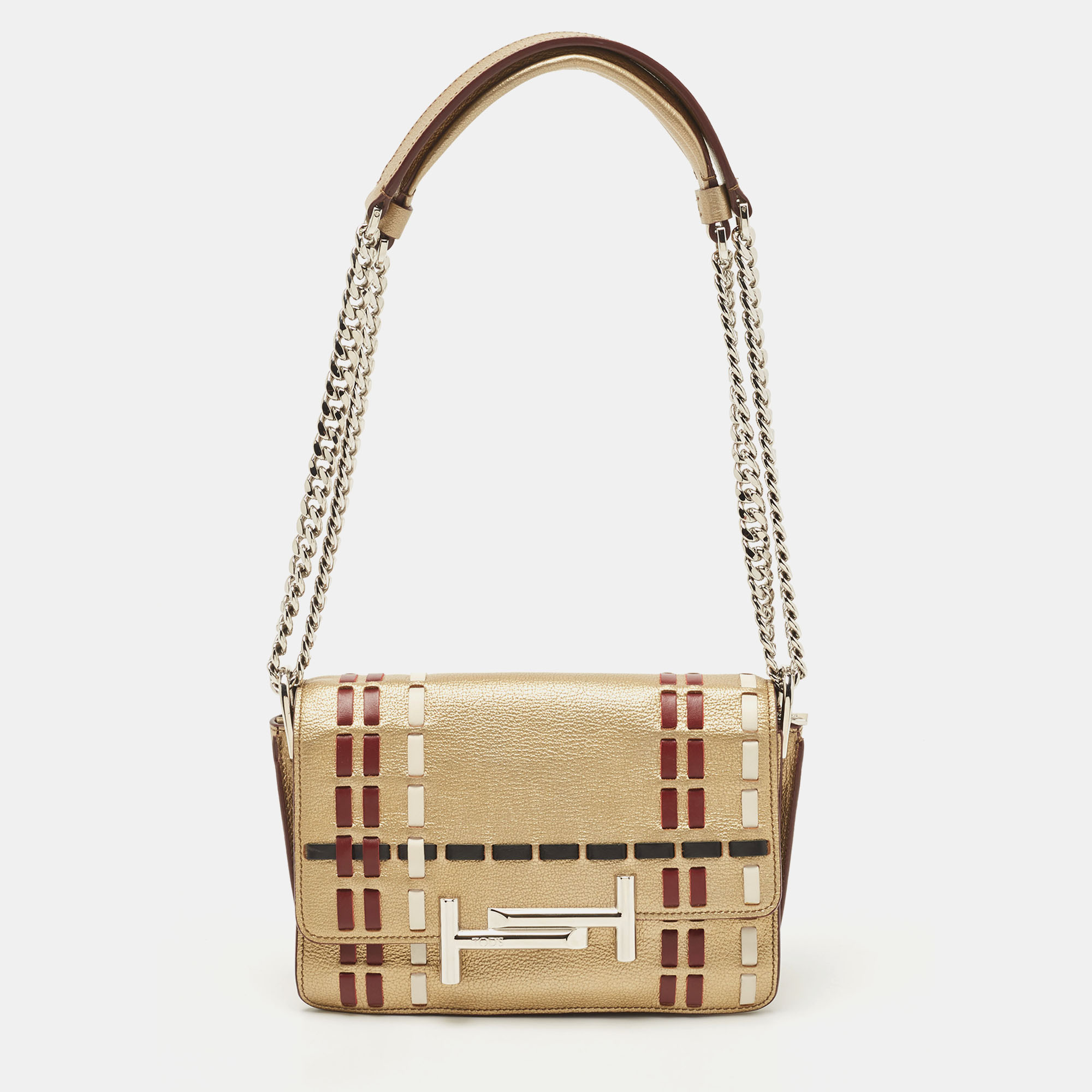 Tod's Gold Whipstitch Leather Double T Flap Shoulder Bag