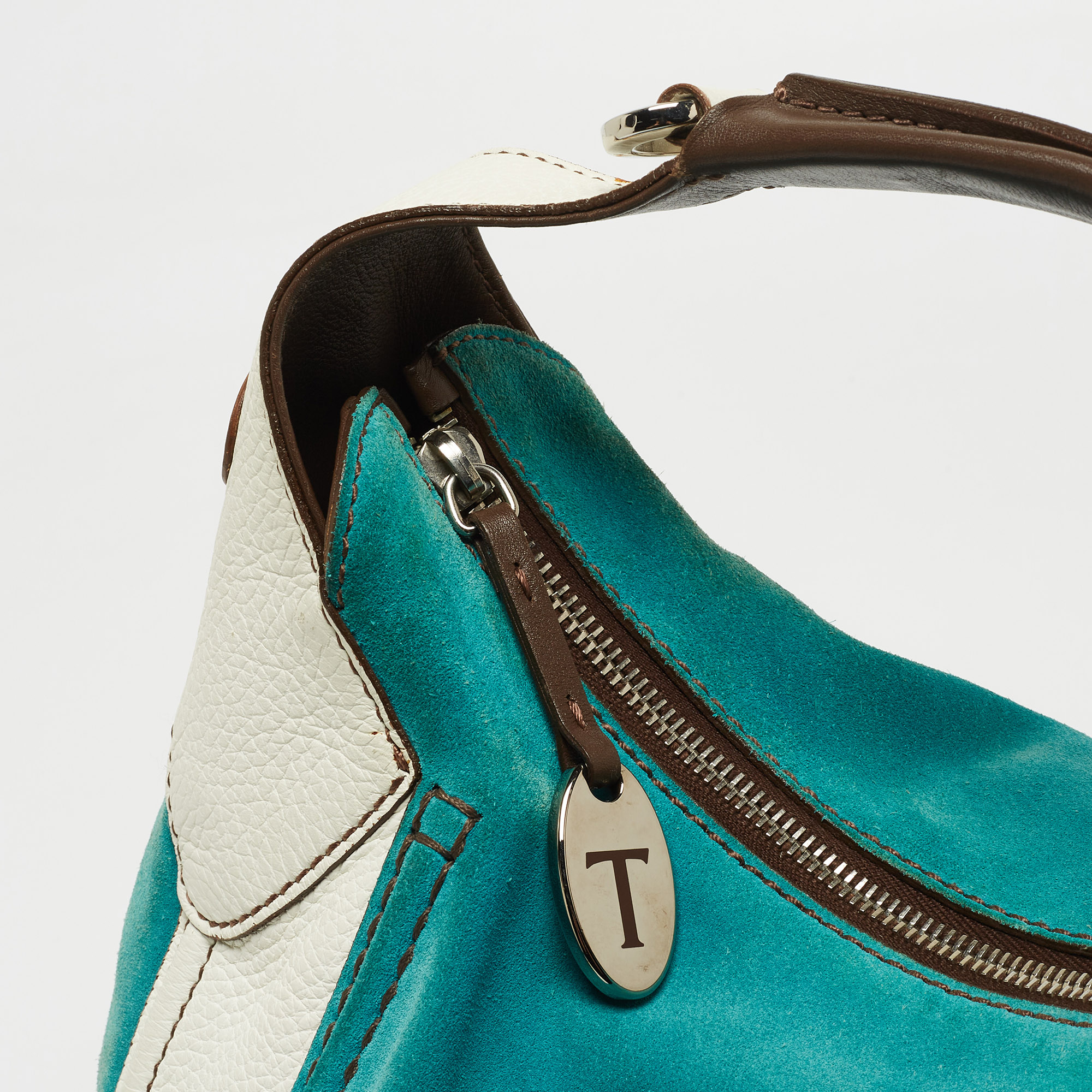 Tod's Teal Blue/White Leather And Suede Hobo