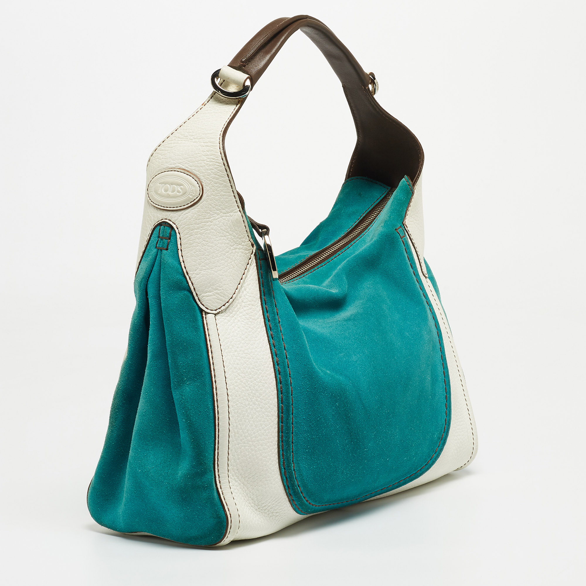 Tod's Teal Blue/White Leather And Suede Hobo