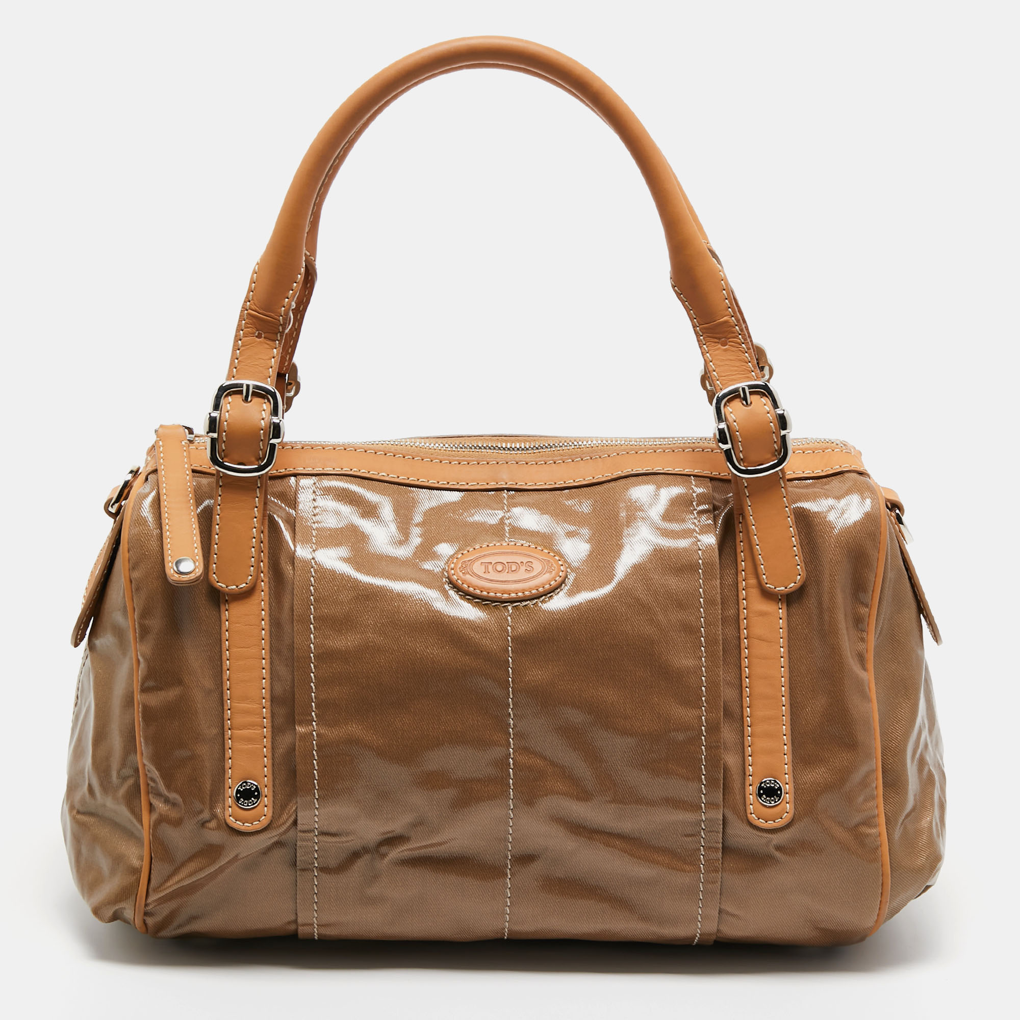 Tod's tod&rsquo;s brown/beige coated canvas and leather g-bag easy sacca satchel