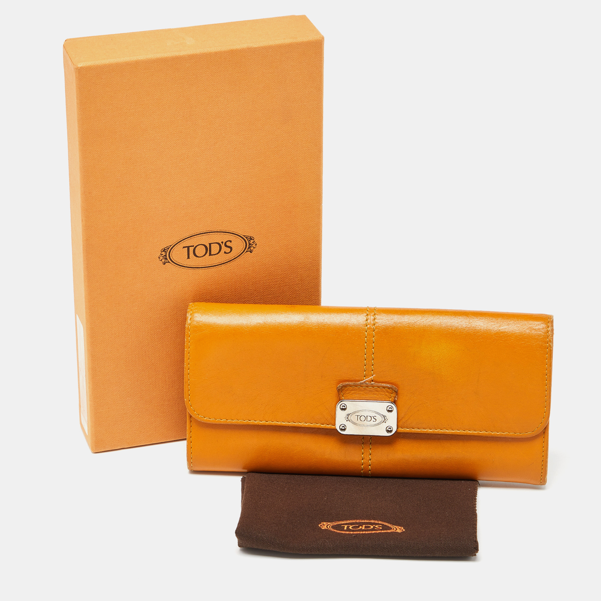 Tod's Mustard Leather Plaque Logo Continental Flap Wallet