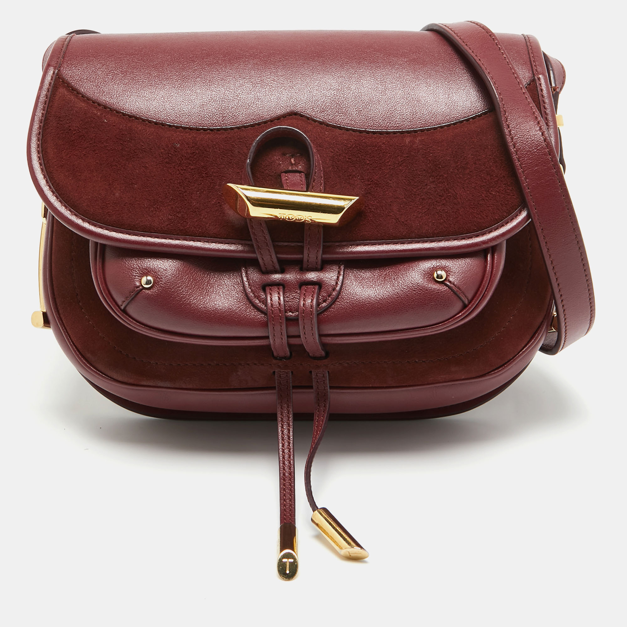 Tod's burgundy leather and suede toggle flap crossbody bag