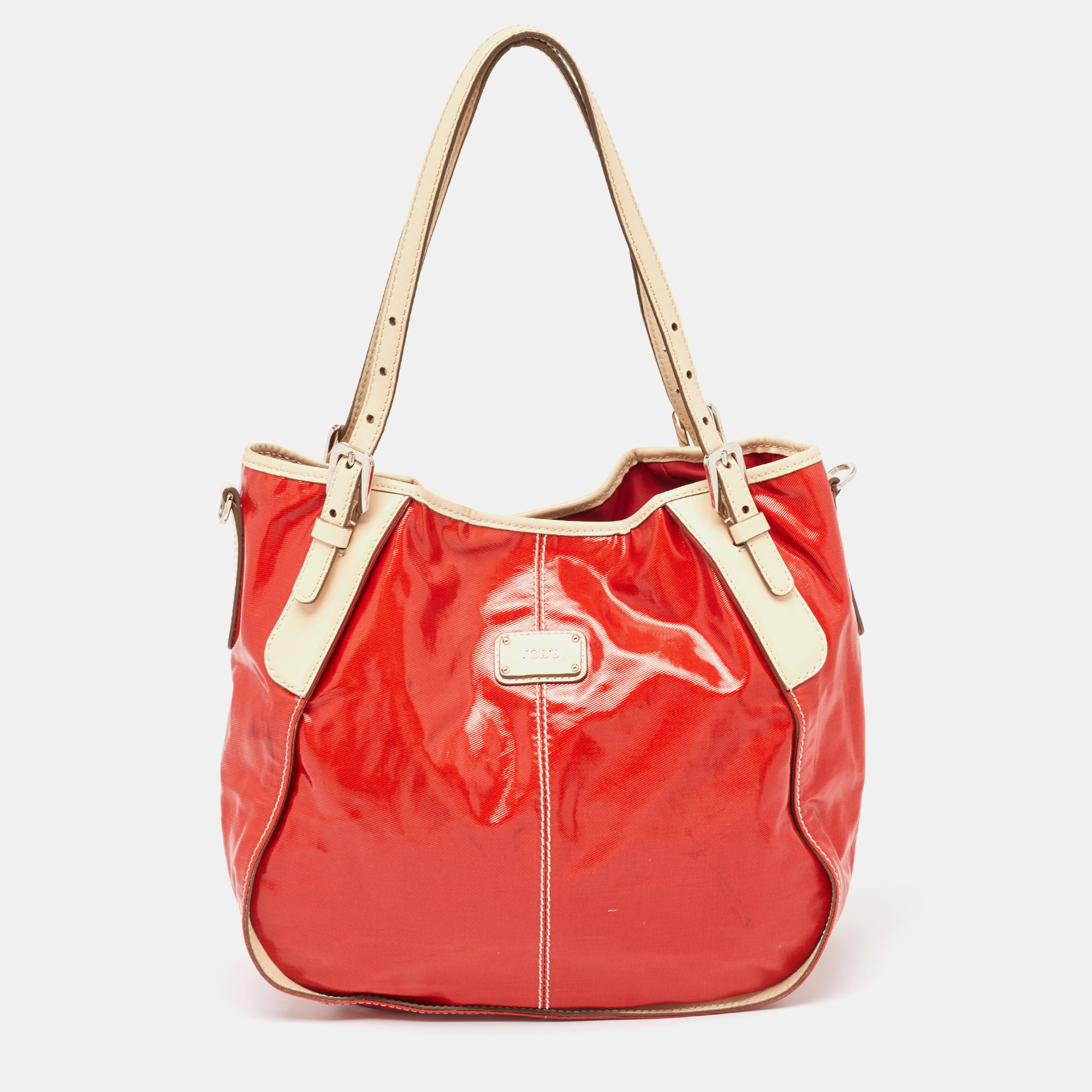 Tod's red patent and leathre g sacca piccola hobo