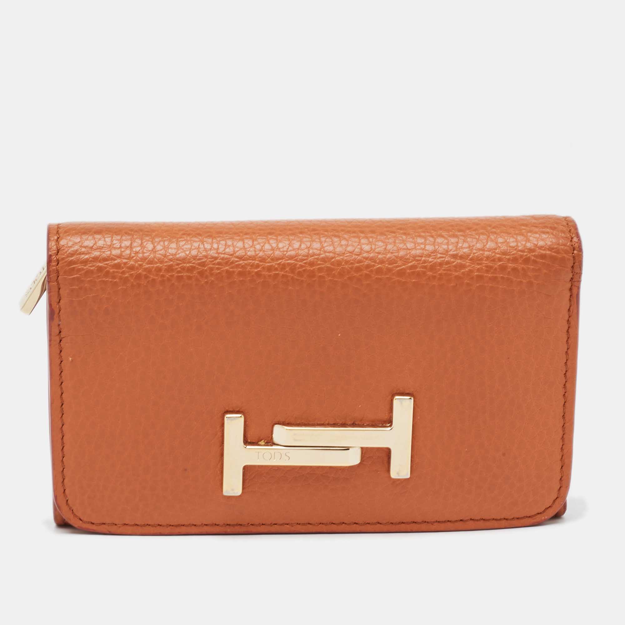 Tod's orange leather double t trifold wallet