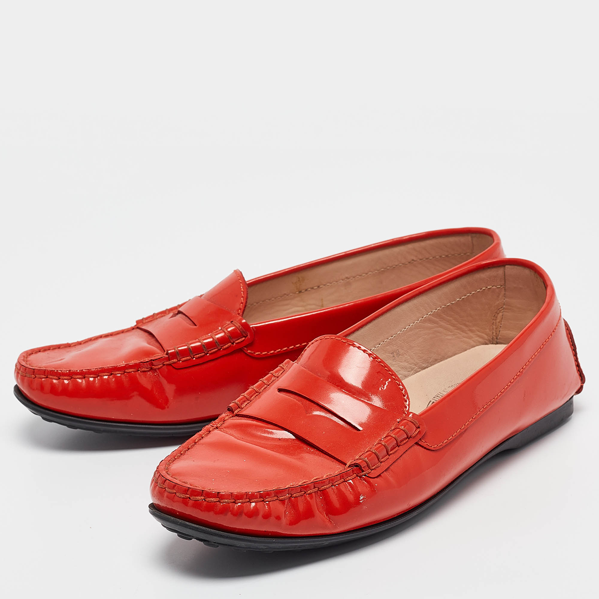 Tod's Red Patent Leather Gommino Loafers Size 38