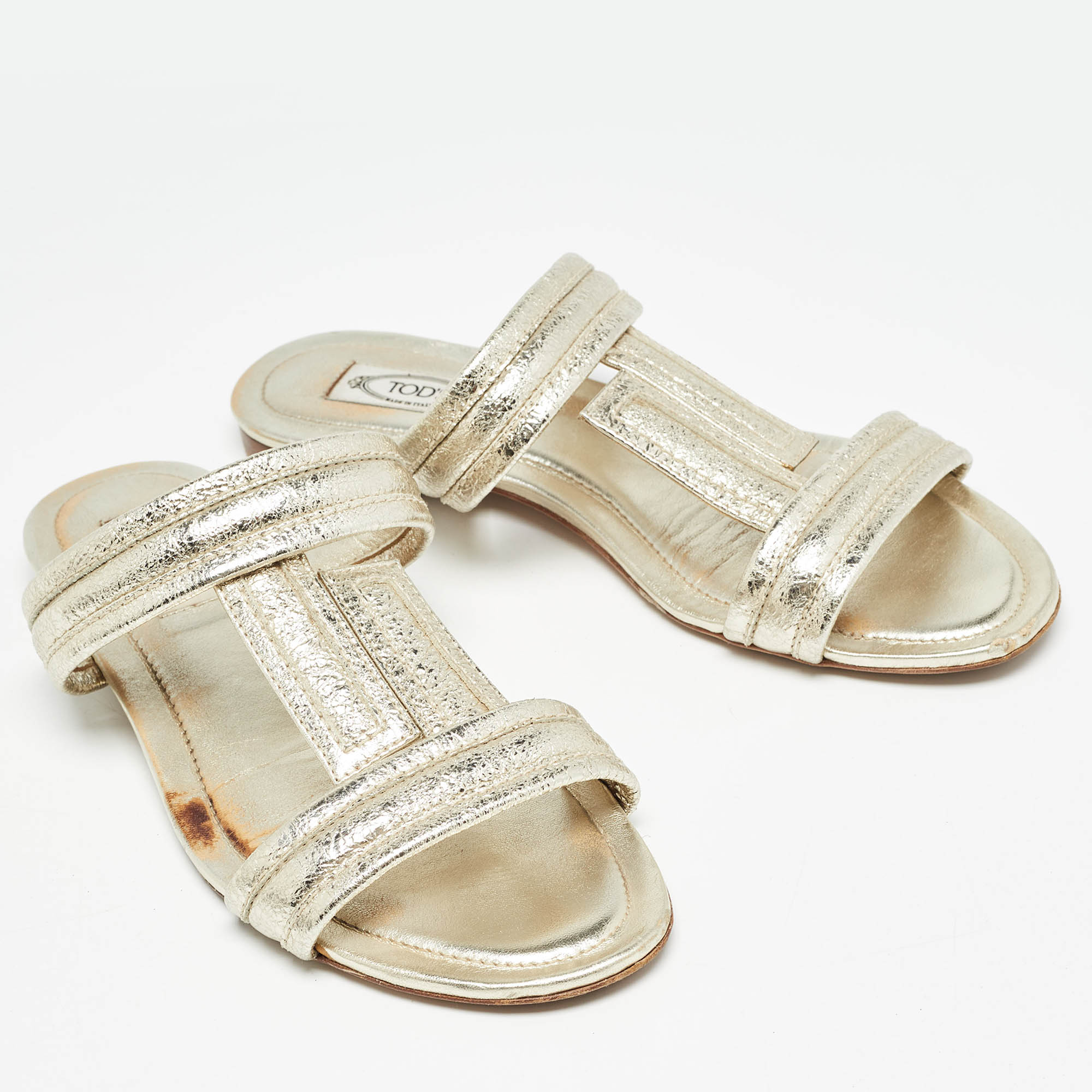 Tod's Gold Textured Leather Double T Strap Flat Slides Size 38