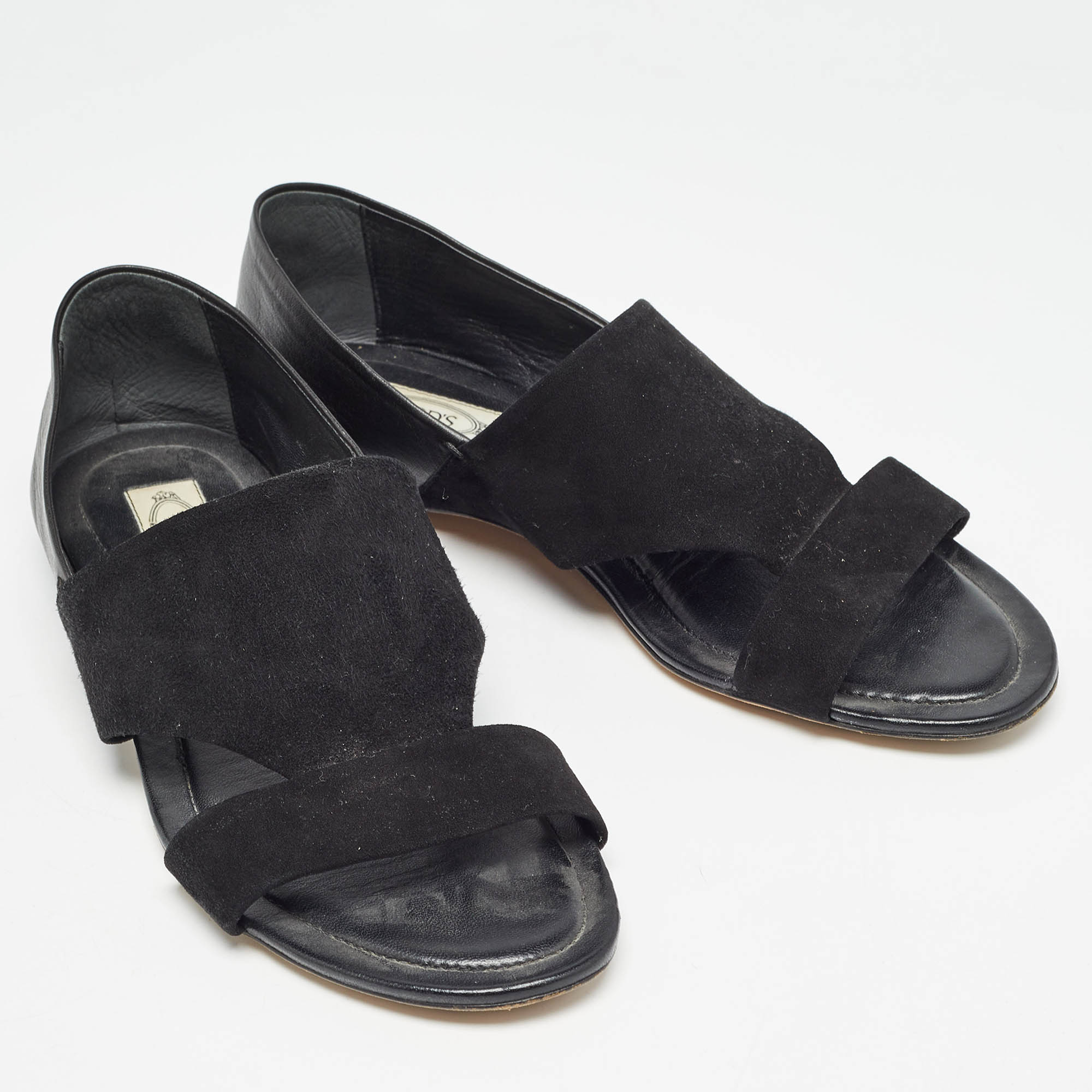 Tod's Black Suede And Leather Flat Sandals Size 38.5