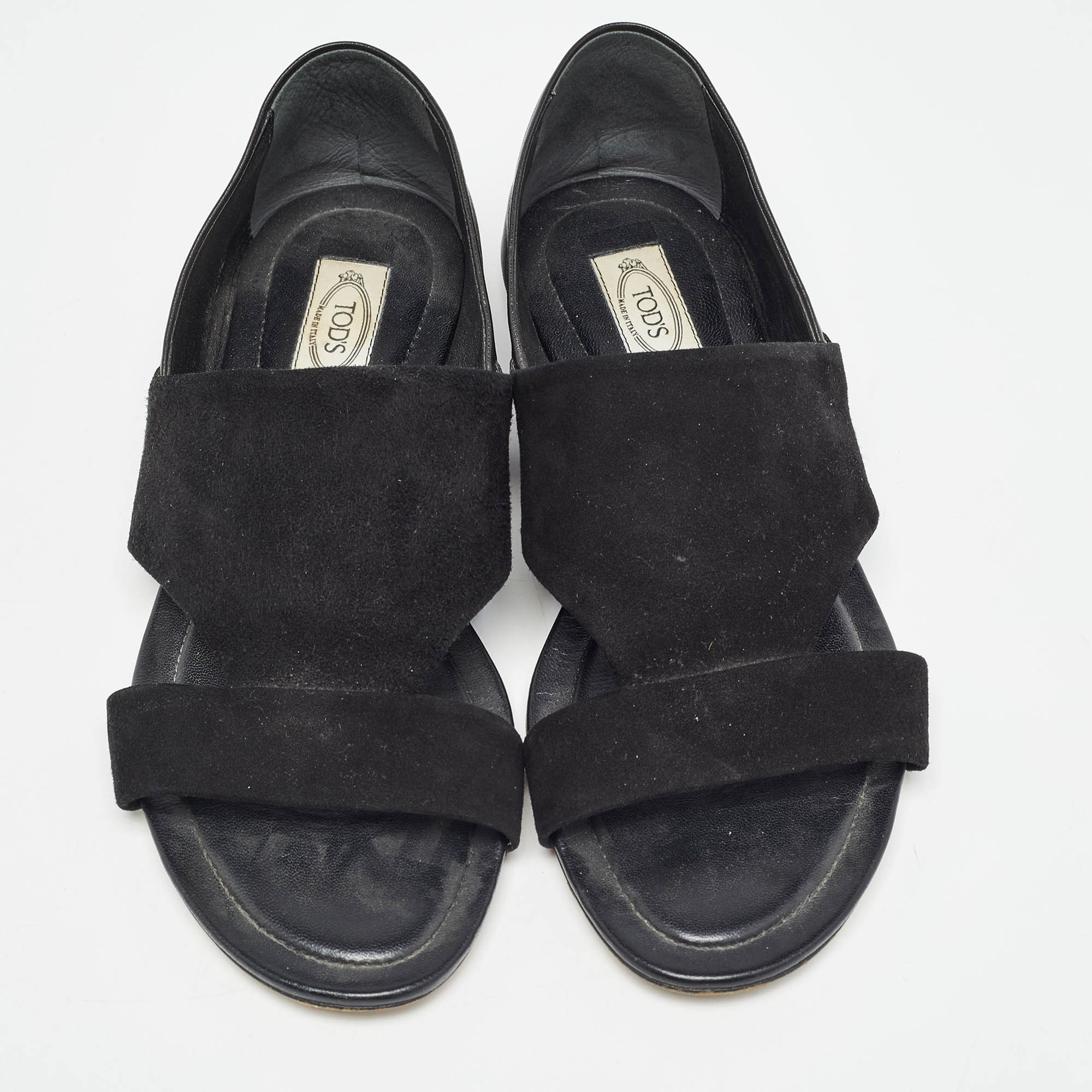 Tod's Black Suede And Leather Flat Sandals Size 38.5