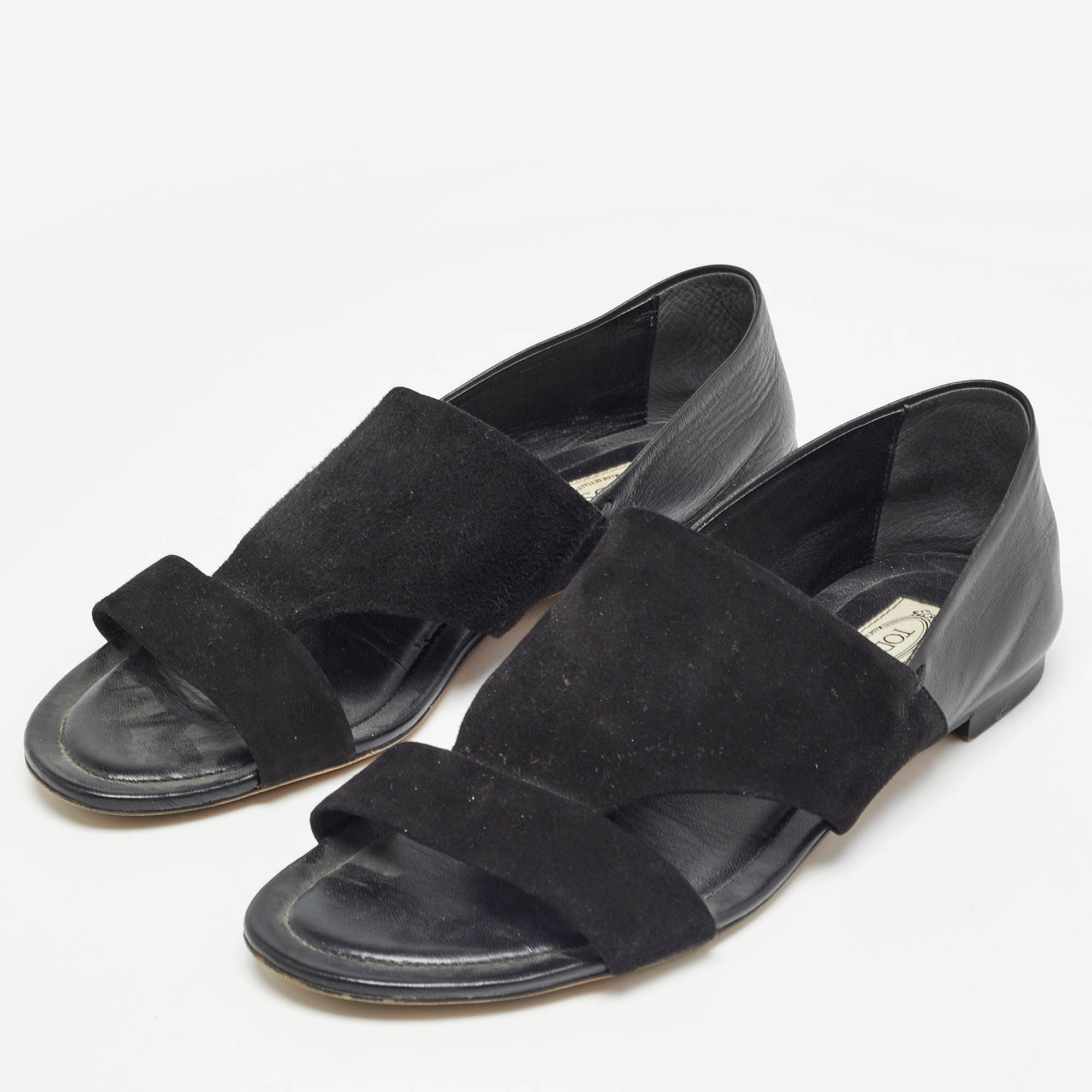 Tod's Black Suede And Leather Flat Sandals Size 38.5