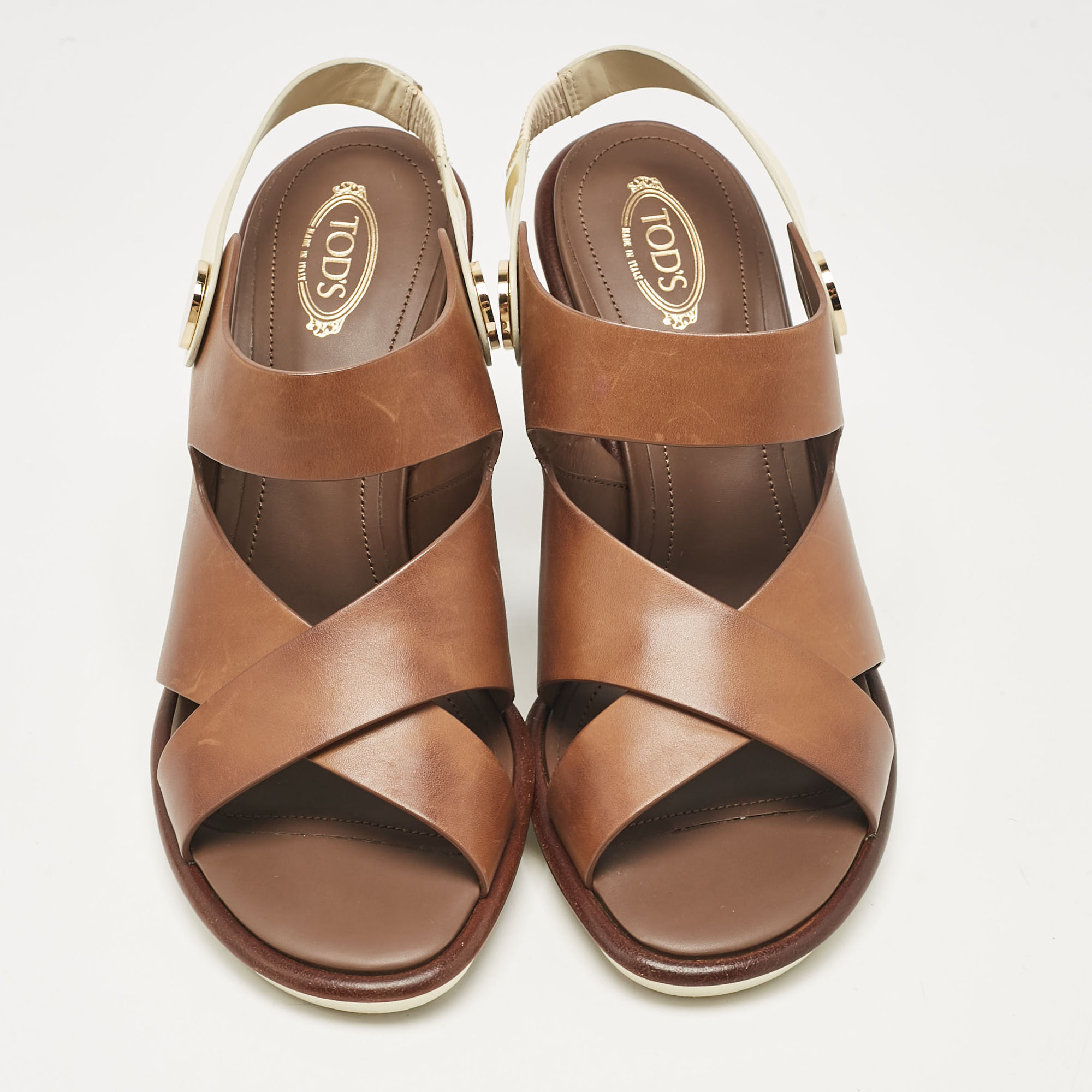 Tod's Brown/White Leather Block Heel Slingback Sandals Size 40