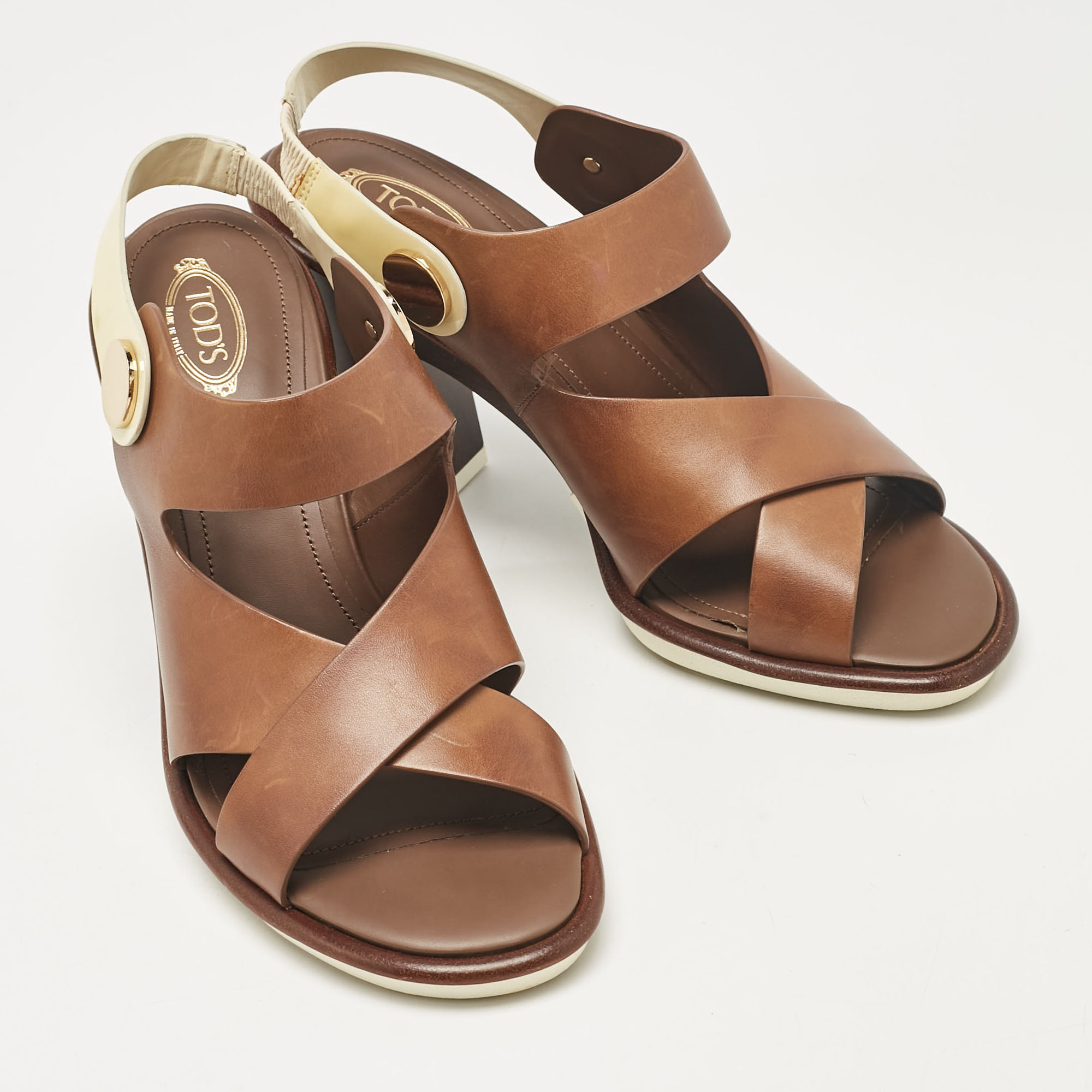 Tod's Brown/White Leather Block Heel Slingback Sandals Size 40