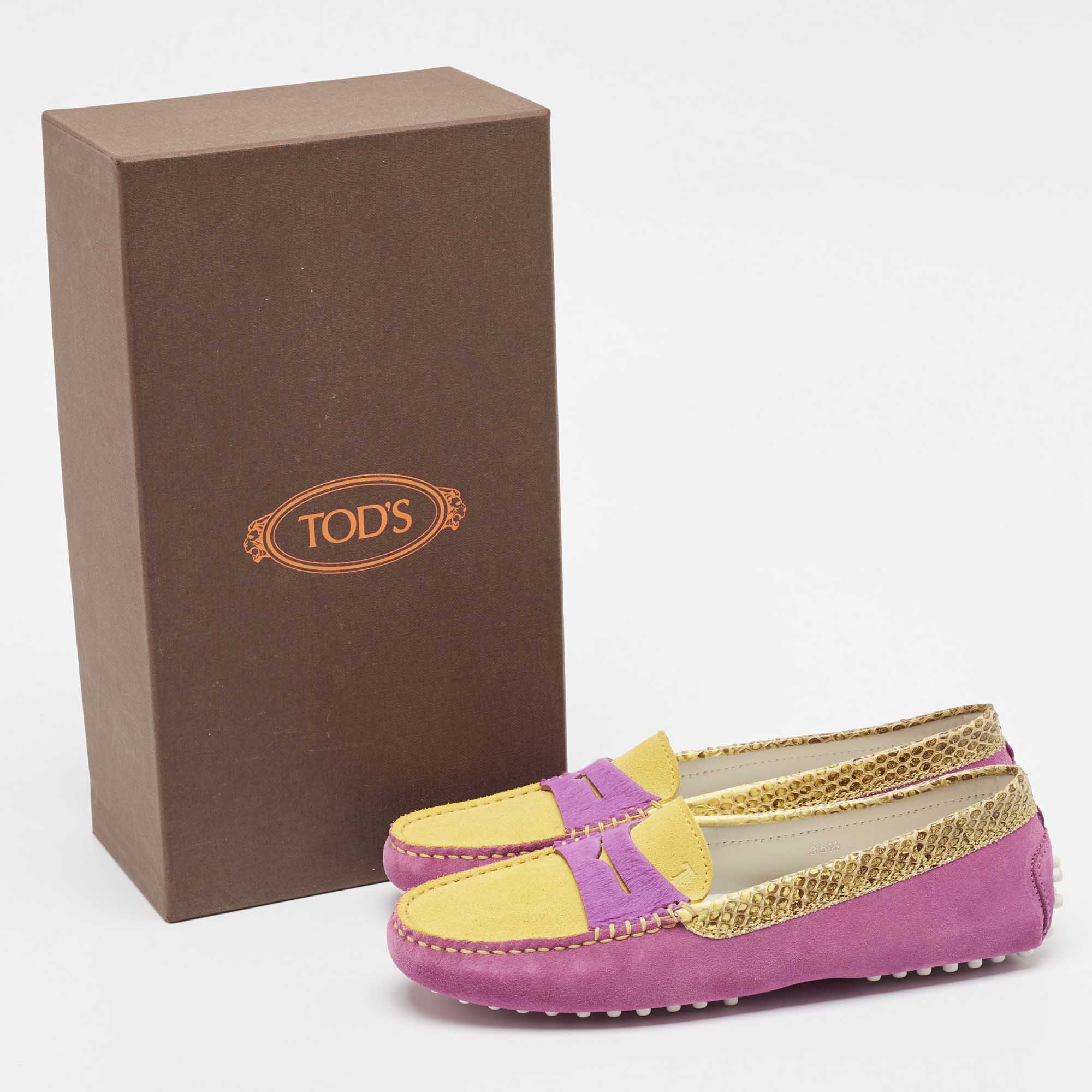 Tod's Purple/Yellow Suede And Python Slip On Loafers Size 36.5