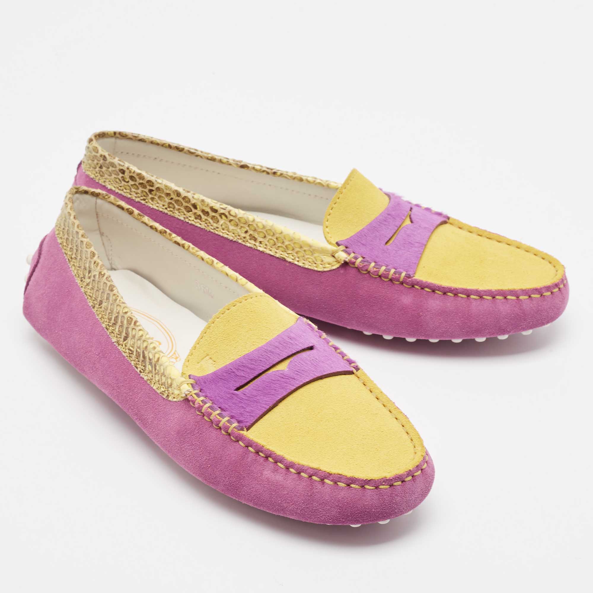 Tod's Purple/Yellow Suede And Python Slip On Loafers Size 36.5