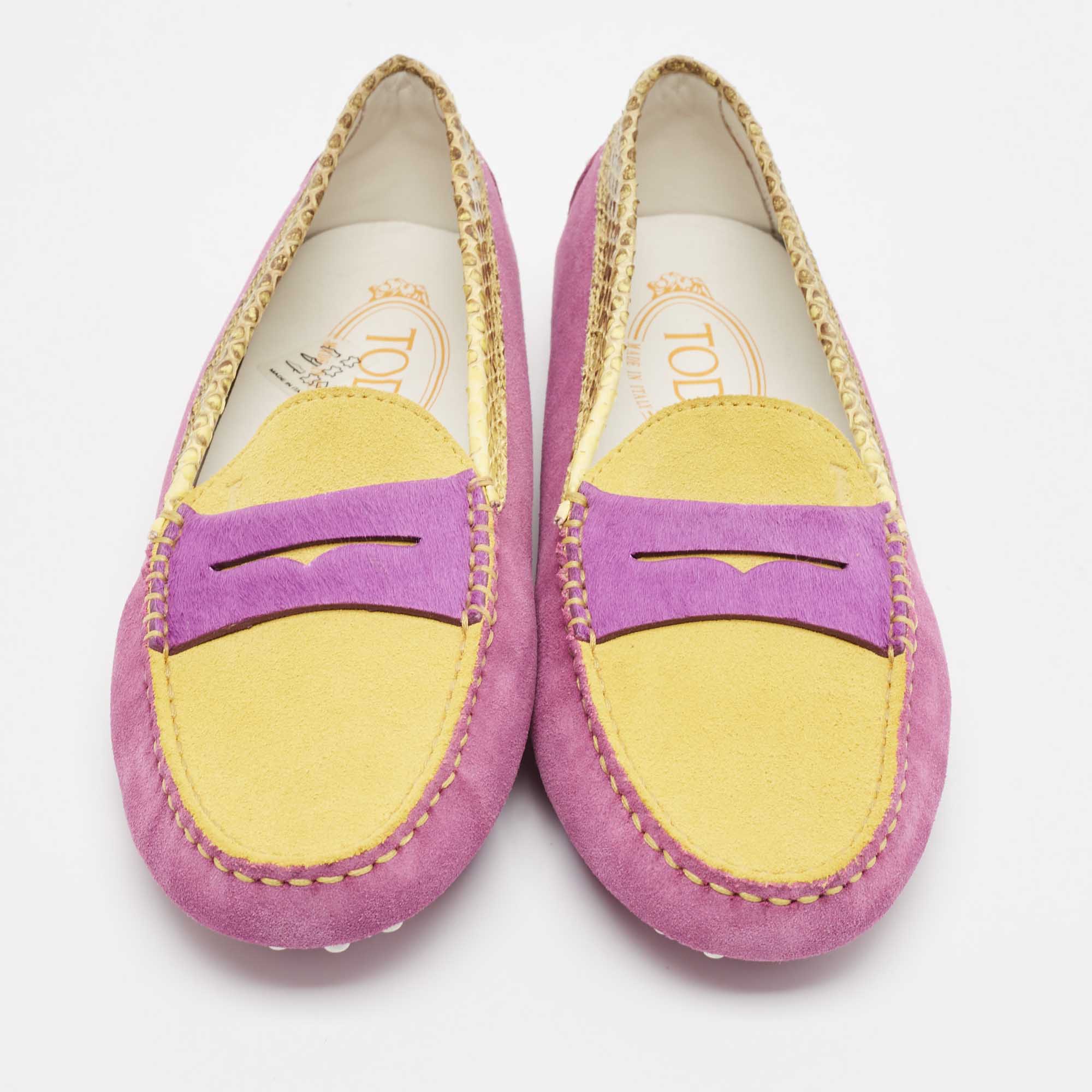 Tod's Purple/Yellow Suede And Python Slip On Loafers Size 36.5