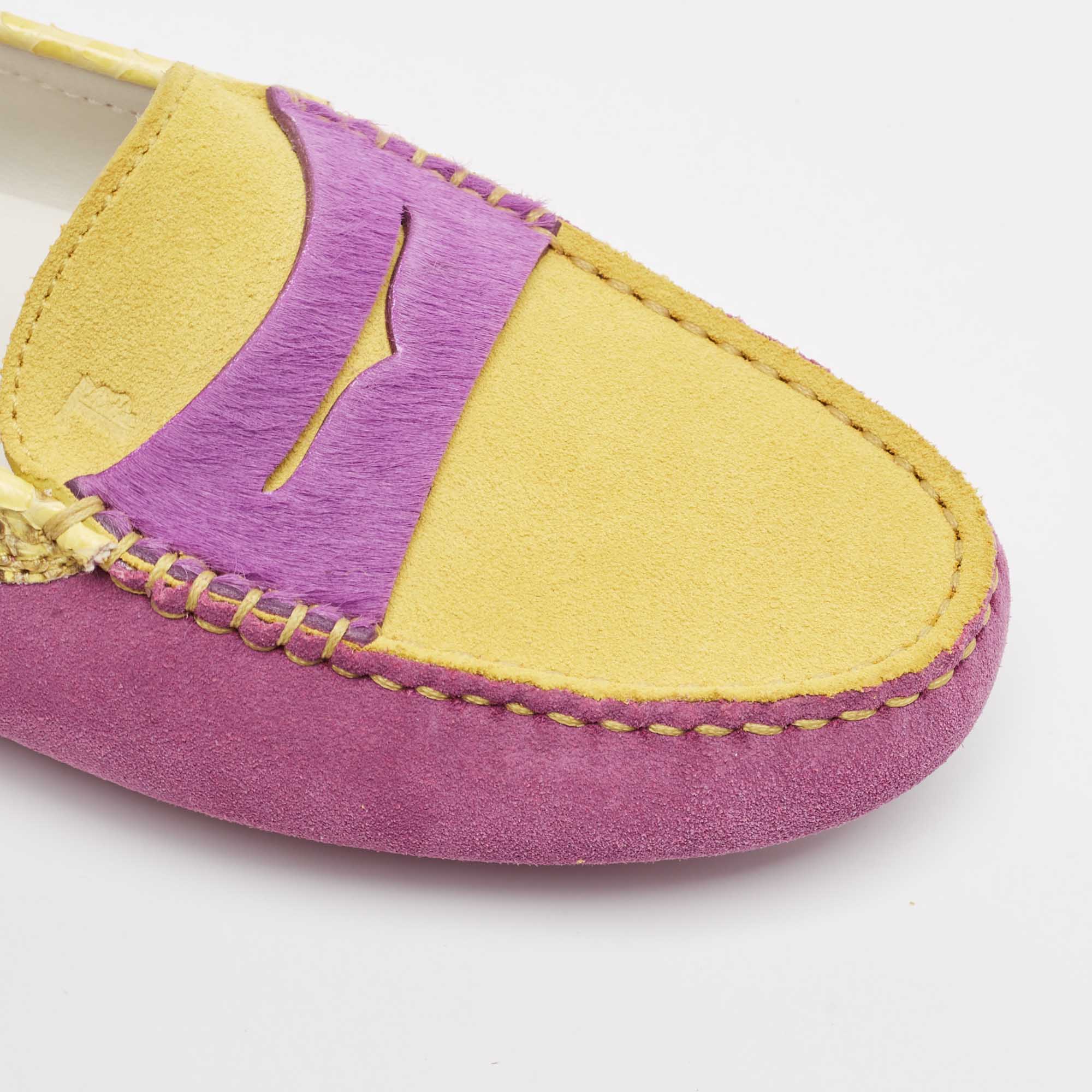 Tod's Purple/Yellow Suede And Python Slip On Loafers Size 36.5