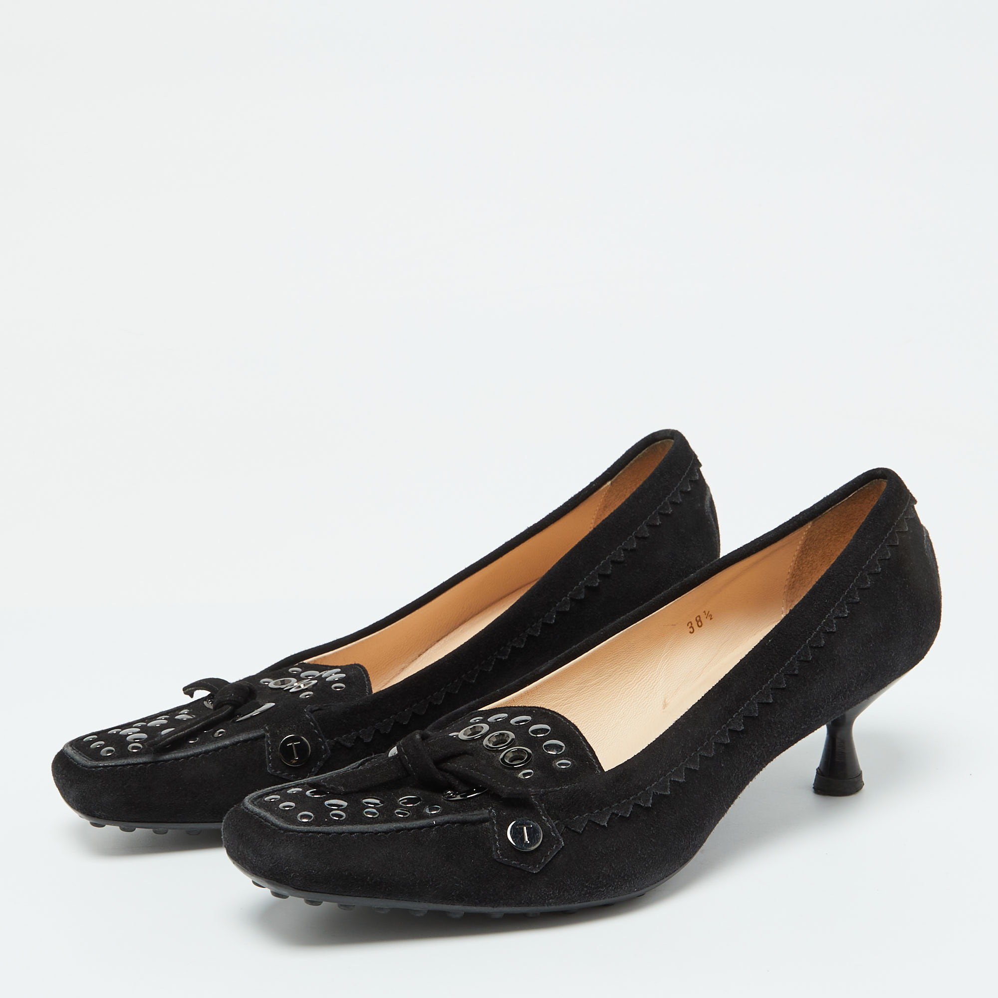 Tod's Black Suede Studded Kitten Heel Loafer Pumps Size 38.5