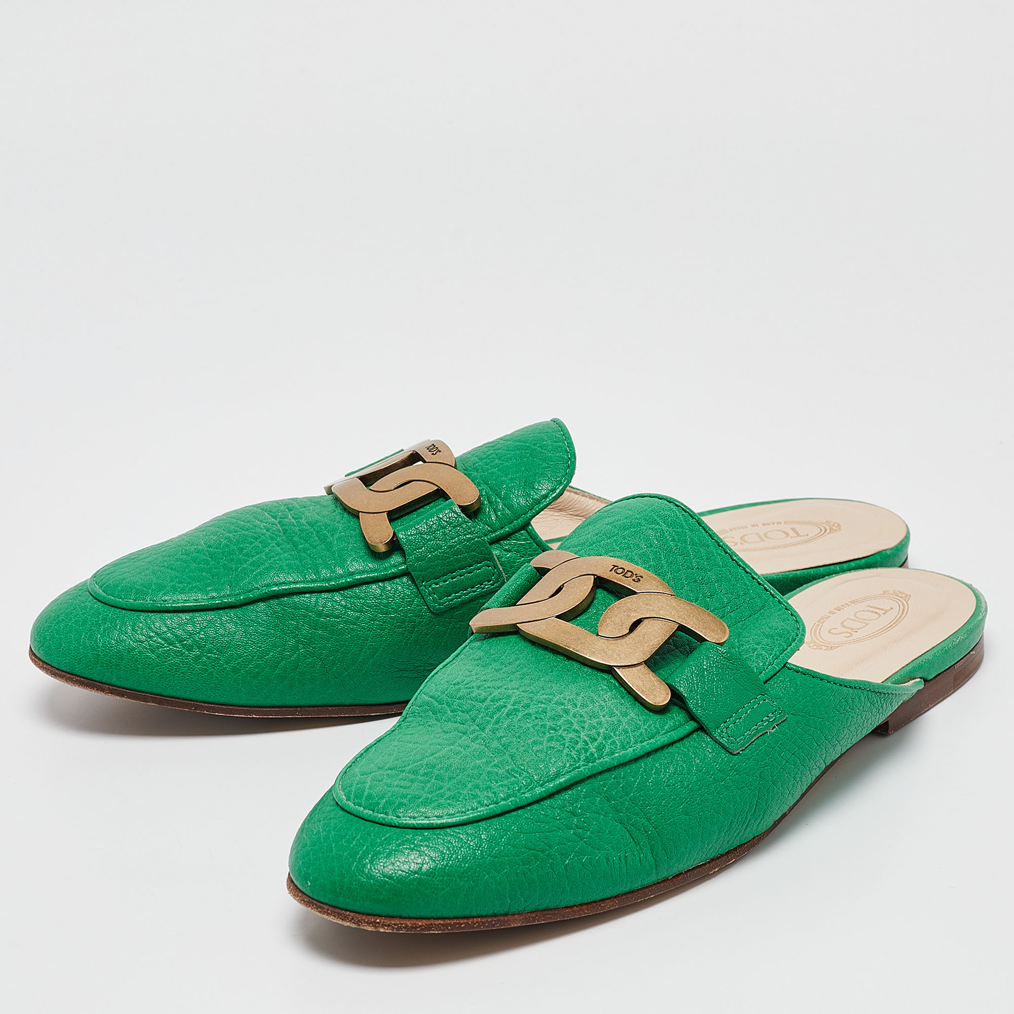 Tod's Green Leather Kate Flat Mules Size 40.5