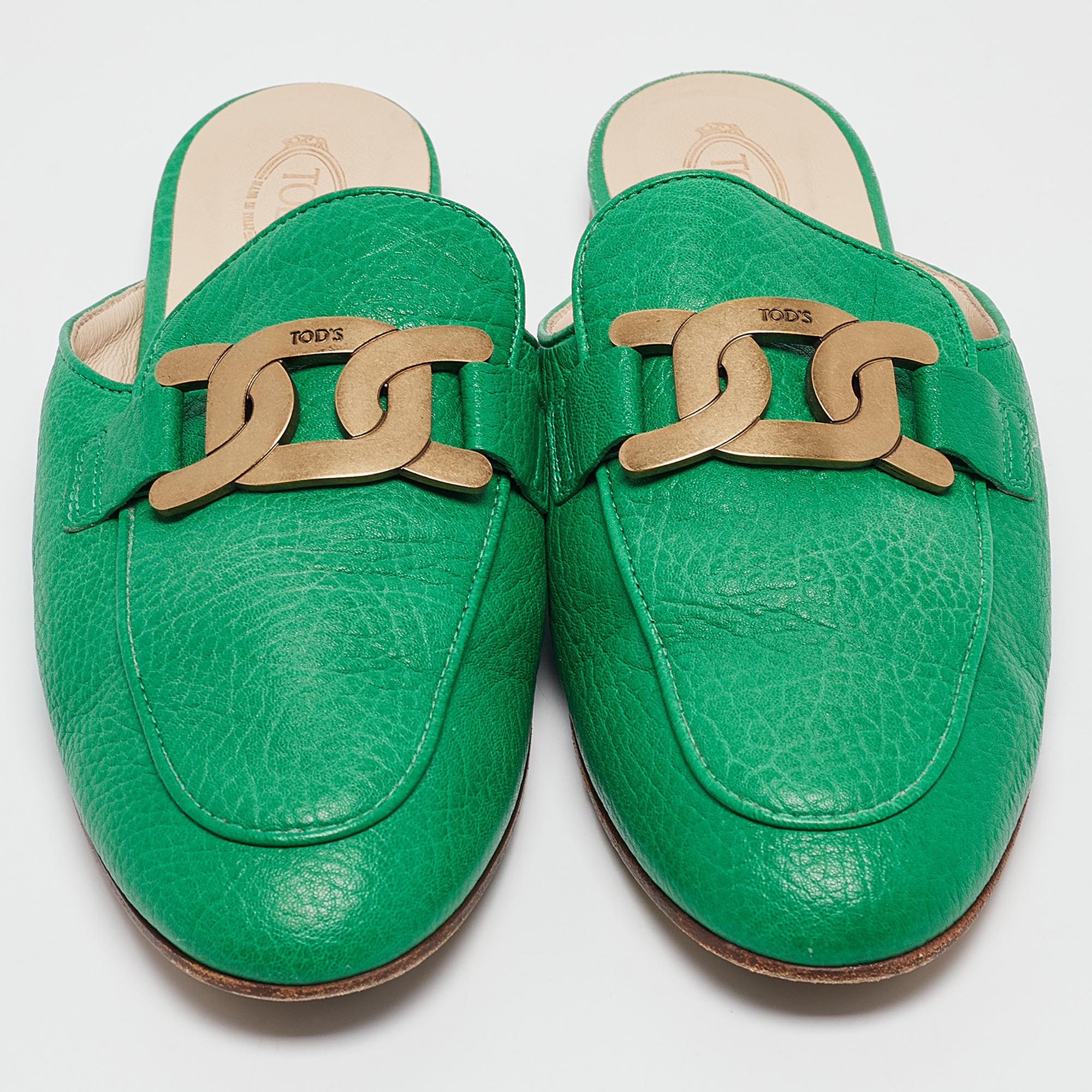 Tod's Green Leather Kate Flat Mules Size 40.5