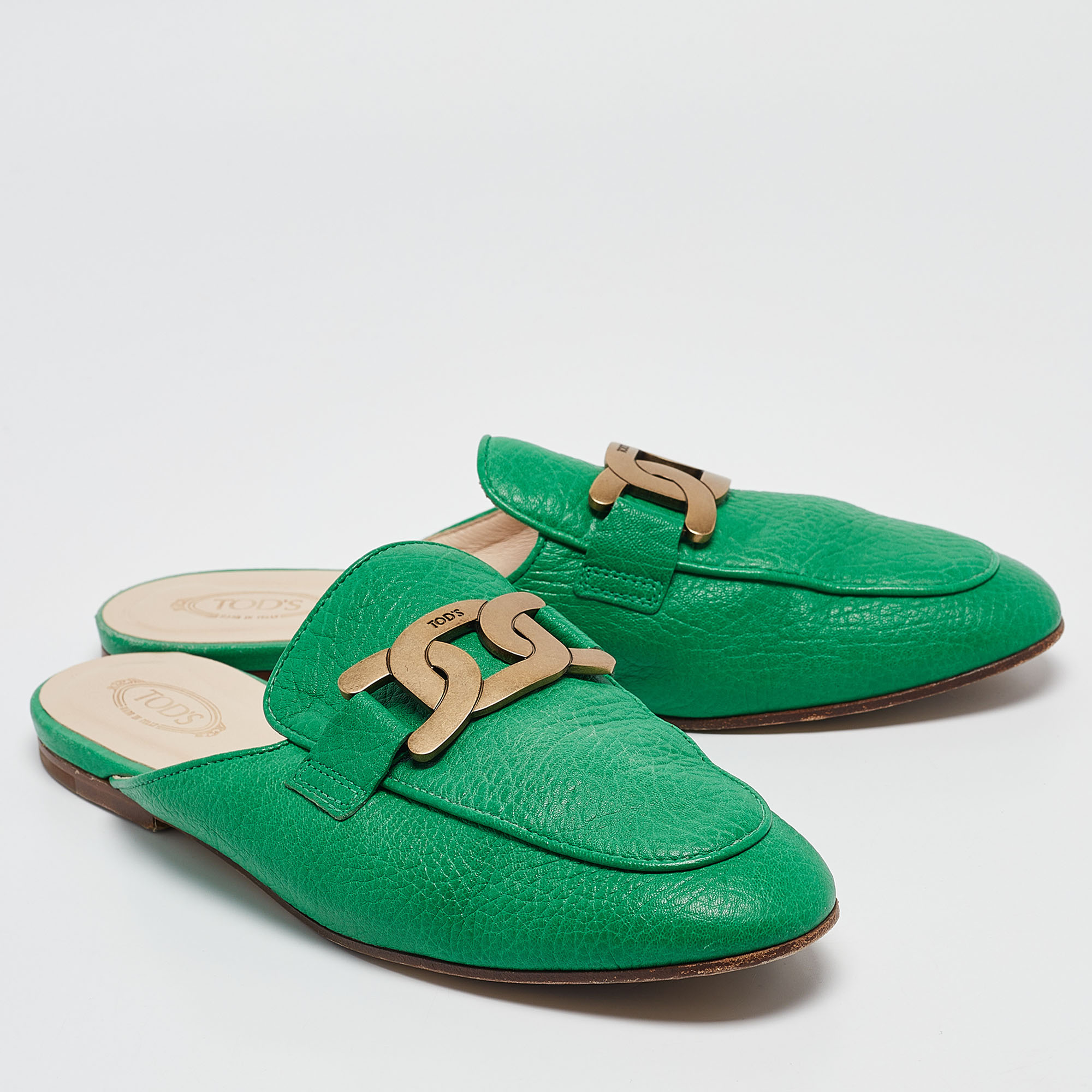 Tod's Green Leather Kate Flat Mules Size 40.5