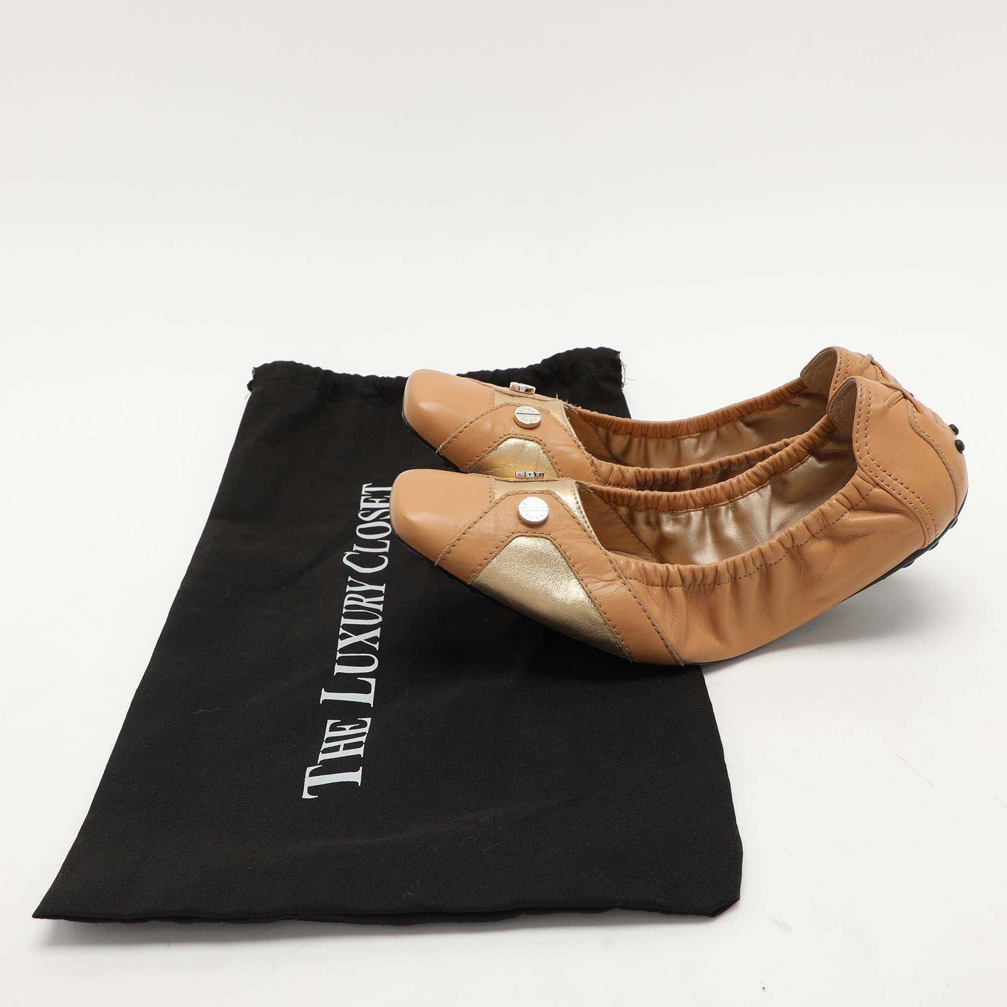 Tod's Brown/Gold Leather Embellished Scrunch Ballet Flats Size 40