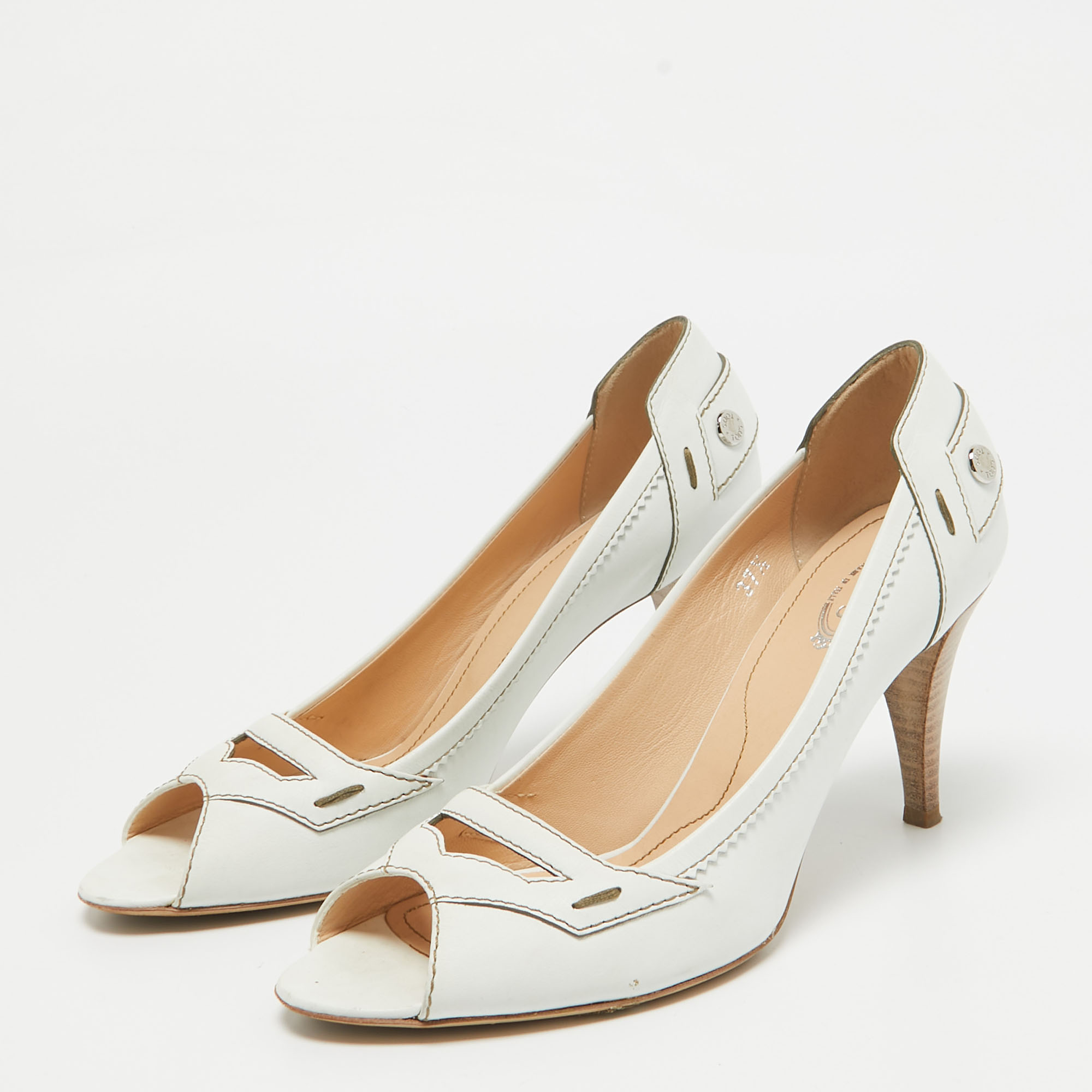 Tod's White Leather Open Toe Pumps Size 37.5