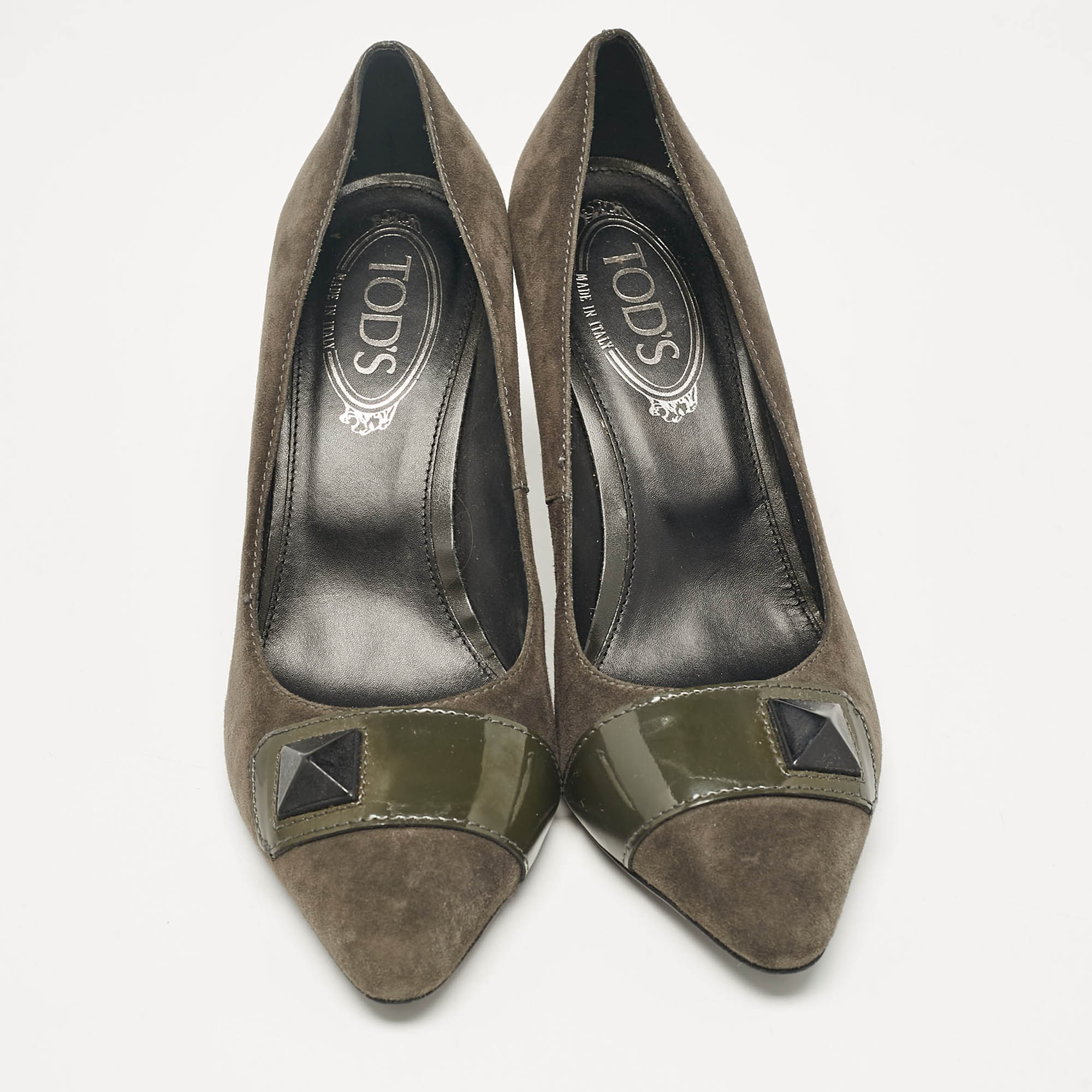 Tod's Grey/Olive Green Patent And Suede Pointed Toe Pumps Size 38