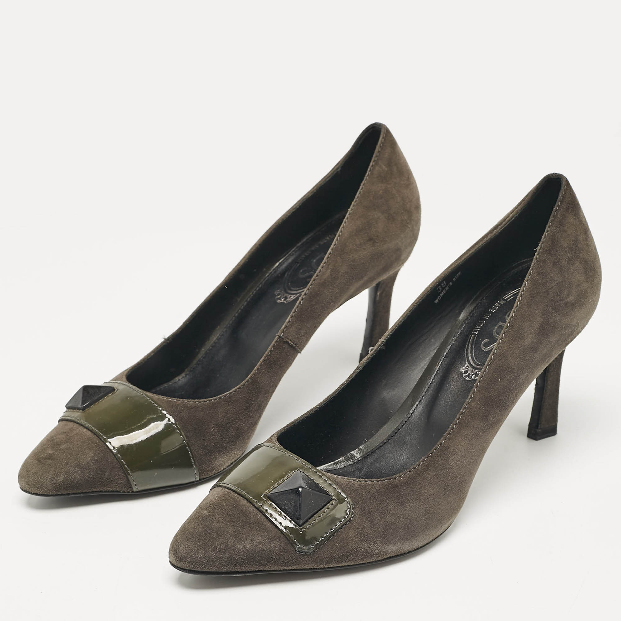 Tod's Grey/Olive Green Patent And Suede Pointed Toe Pumps Size 38