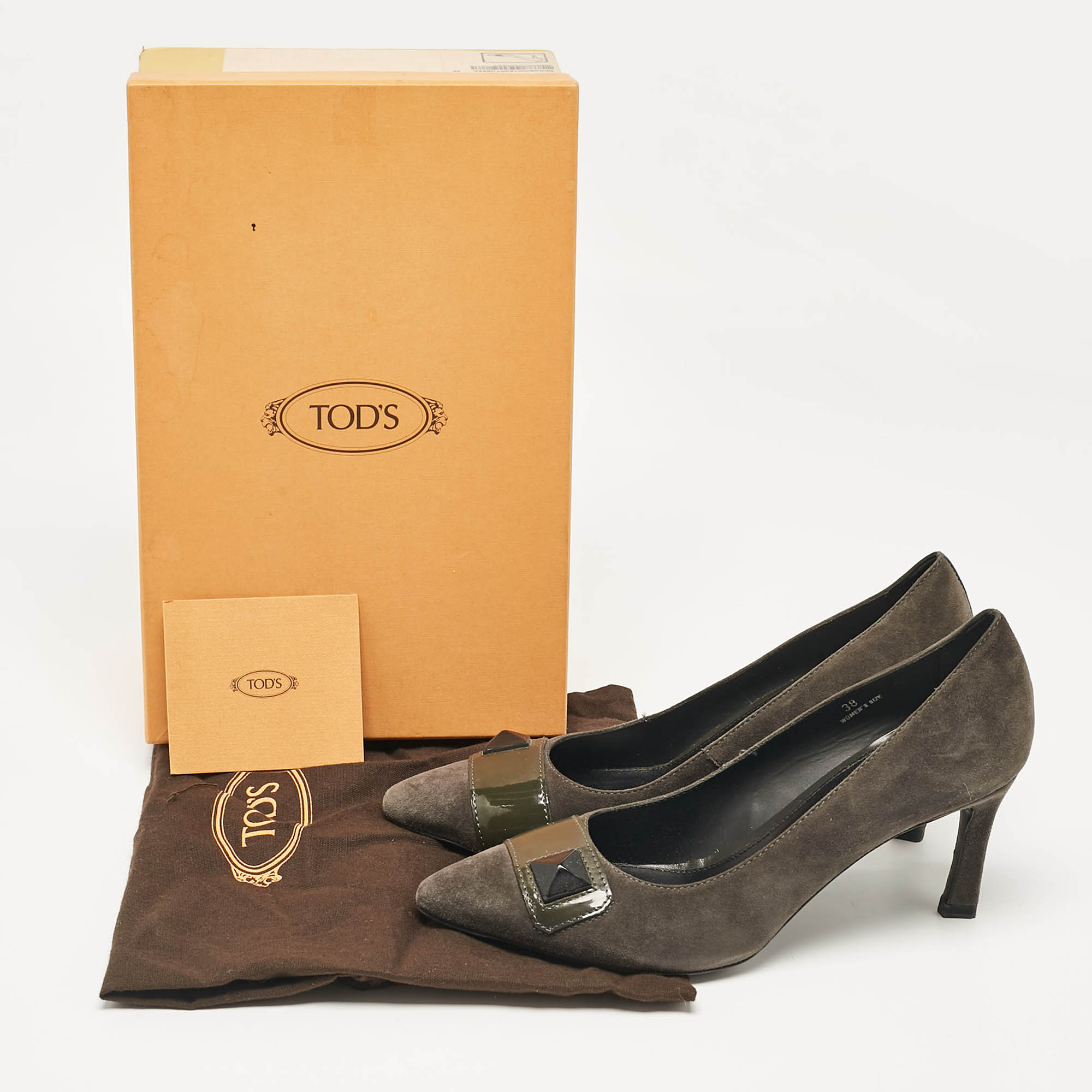 Tod's Grey/Olive Green Patent And Suede Pointed Toe Pumps Size 38