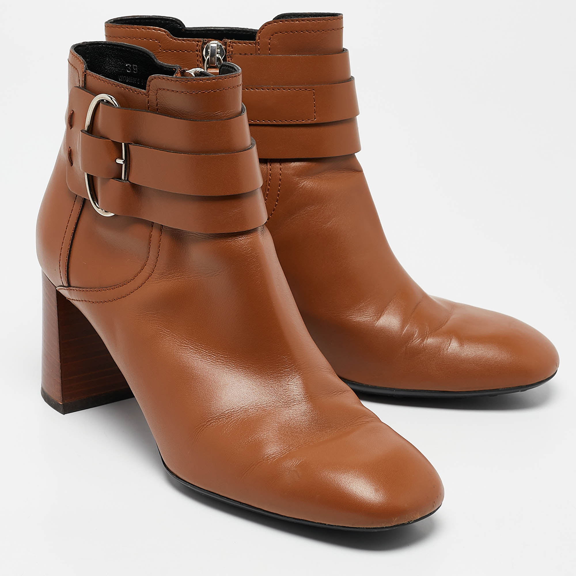 Tod's Brown Leather Buckle Detail Ankle Booties Size 39