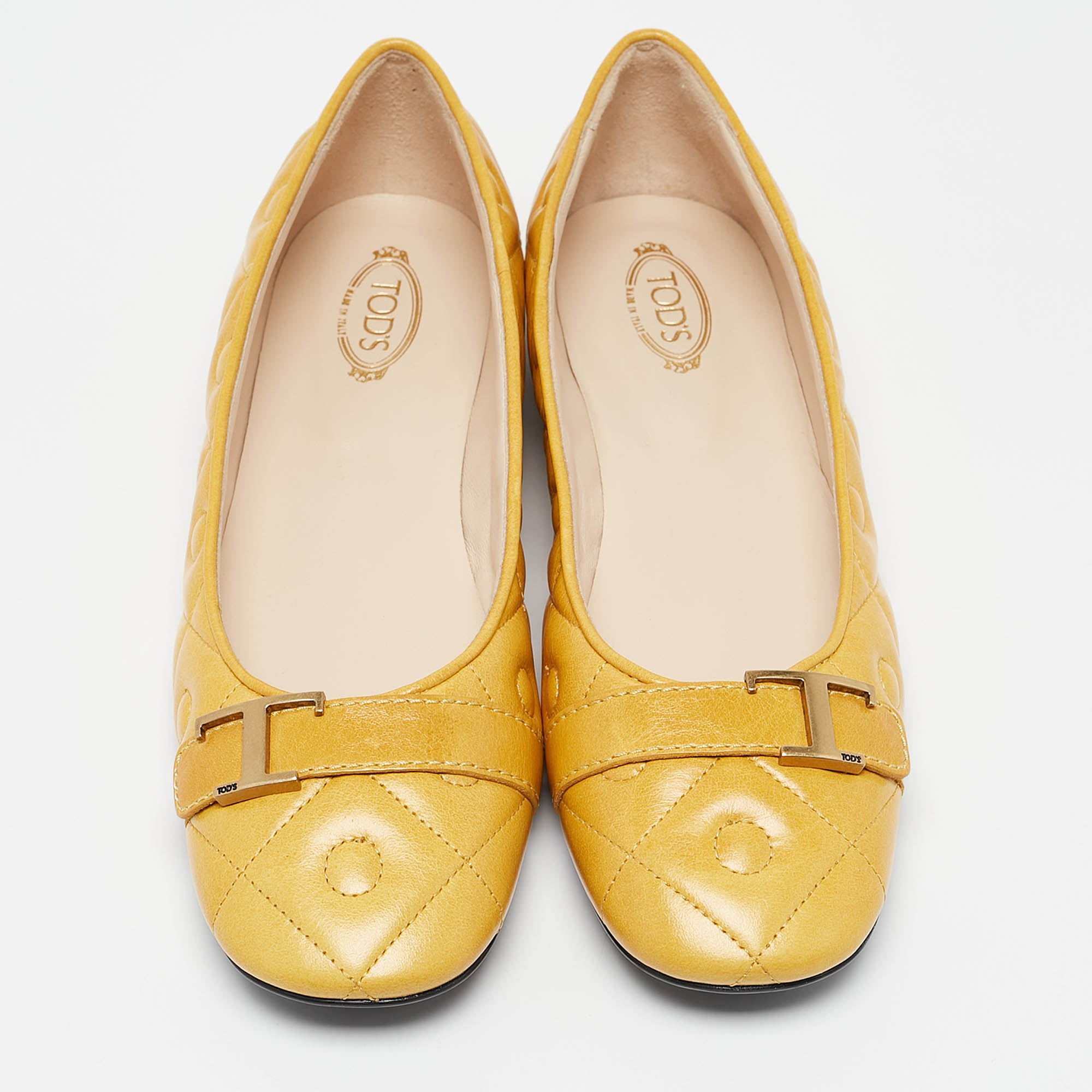 Tod's Yellow Quilted Leather T Buckle Ballet Flats Size 39.5