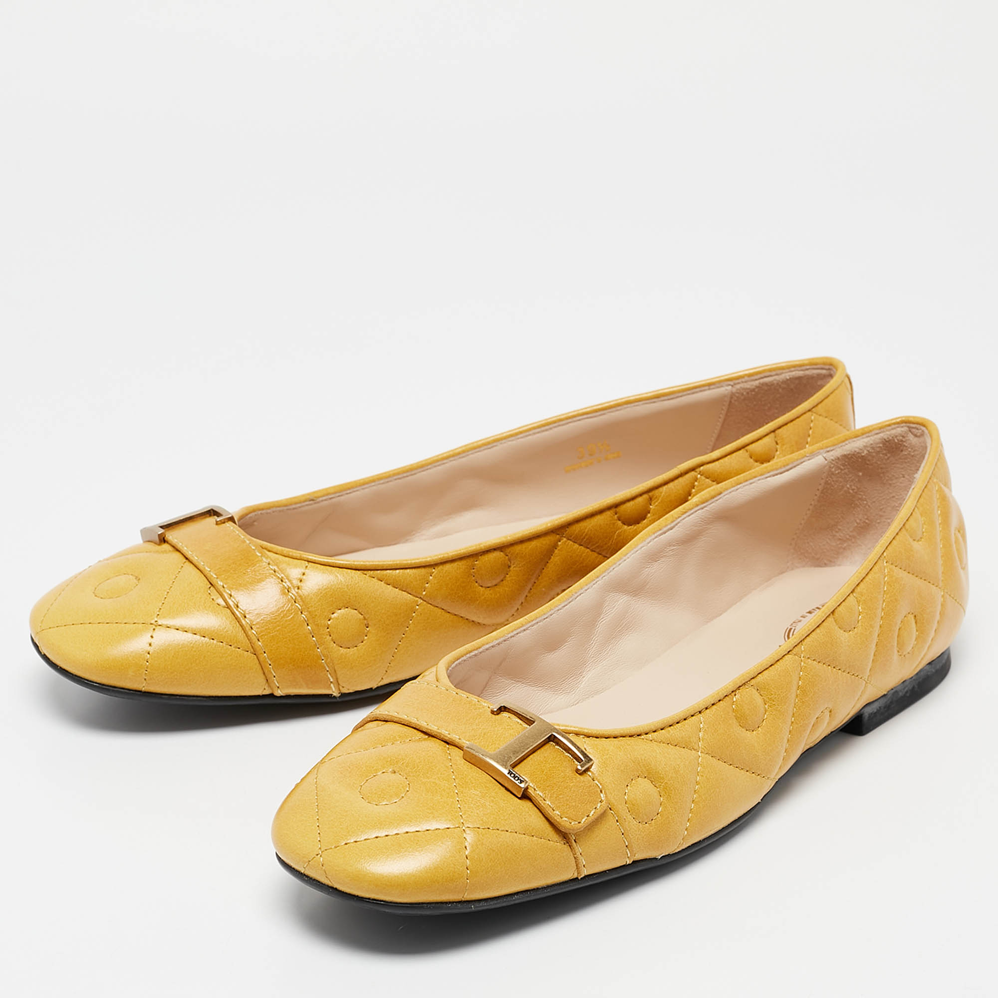 Tod's Yellow Quilted Leather T Buckle Ballet Flats Size 39.5