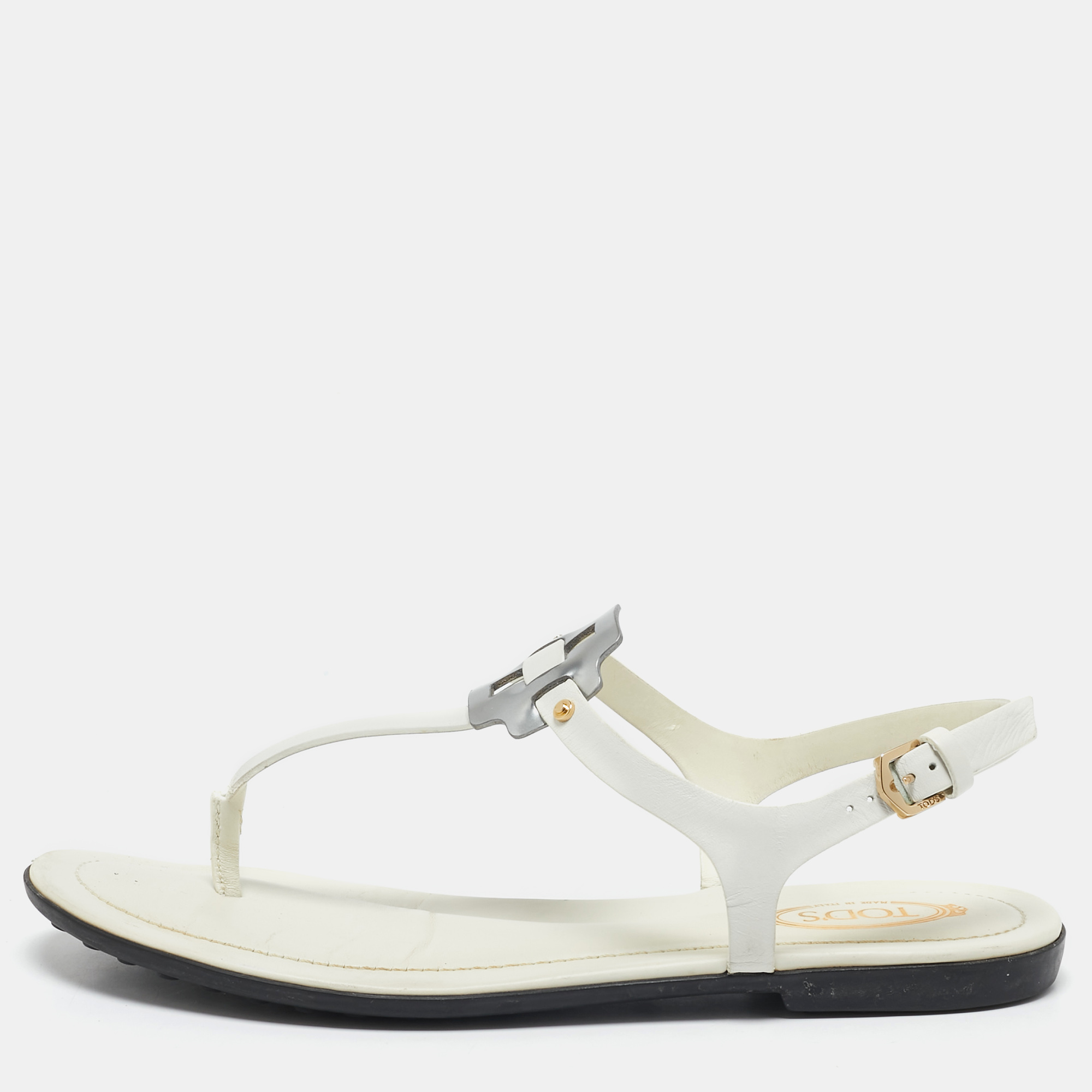 Tod's White Leather Thong Slingback Flat Sandals Size 35