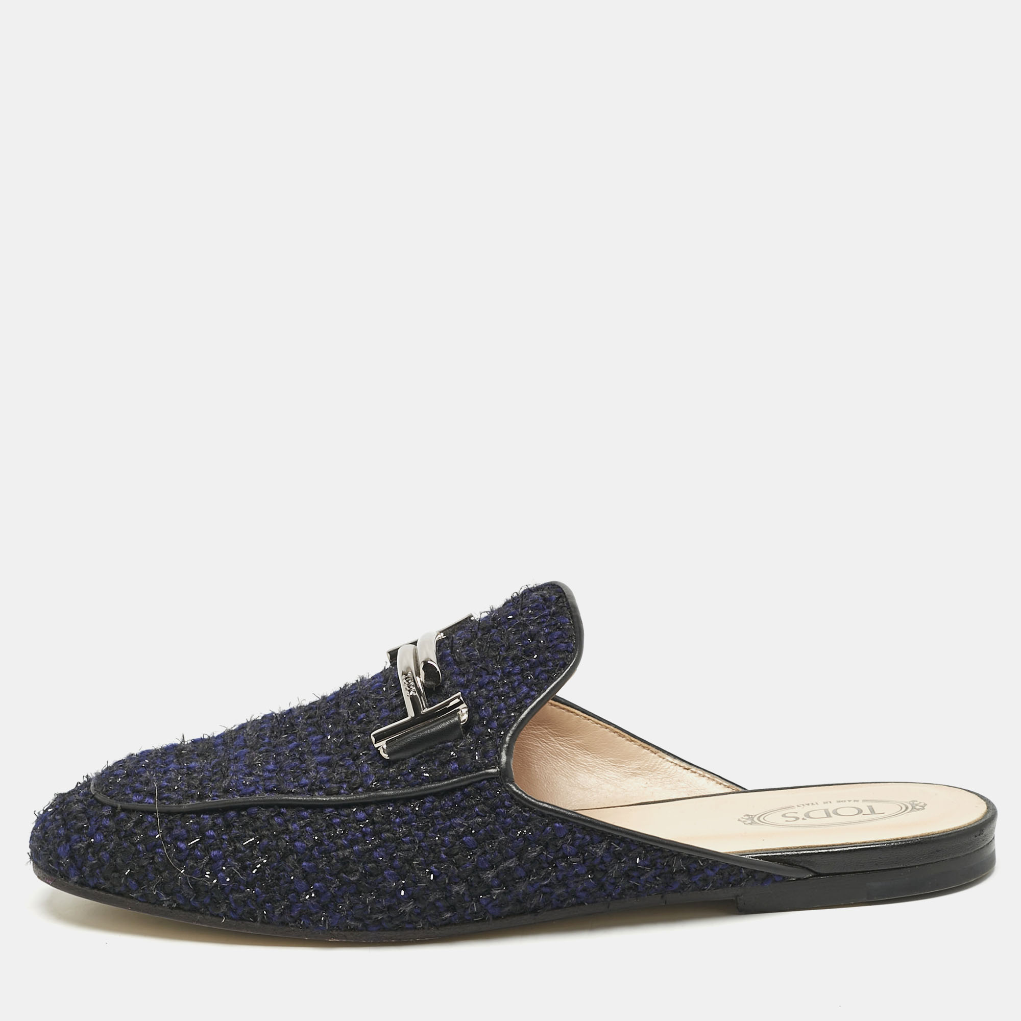 Tod's Navy Blue/Black Tweed and Leather Double T Flat Mules Size
Tod's Navy Blue/Black Tweed and Leather Double T Flat Mules Size