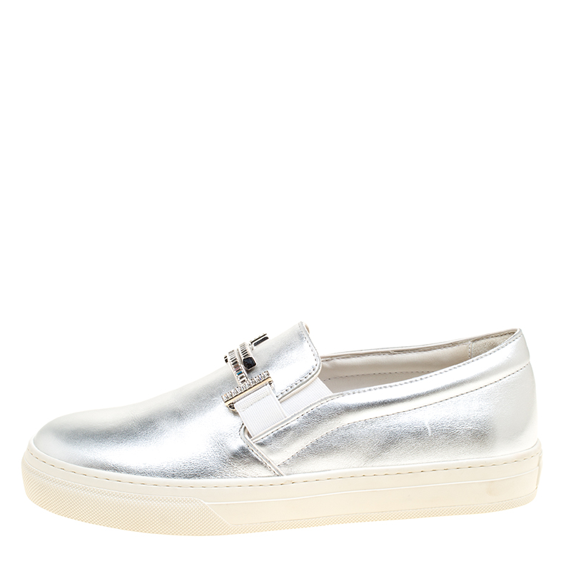 

Tod's Metallic Silver Leather Sportivo Maxi Crystal Double T Slip On Sneakers Size