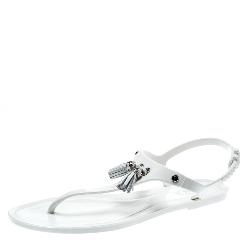Image of Tod's White Jelly Tassel Detail Thong Flat Sandals Size