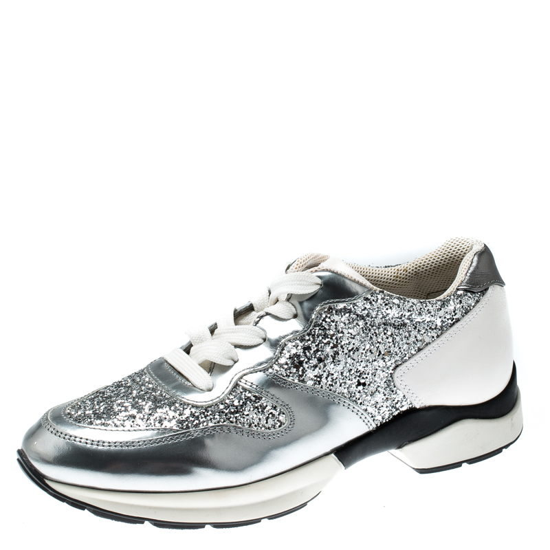 Tod's metallic silver glitter and leather sportivo lace up sneakers size 36