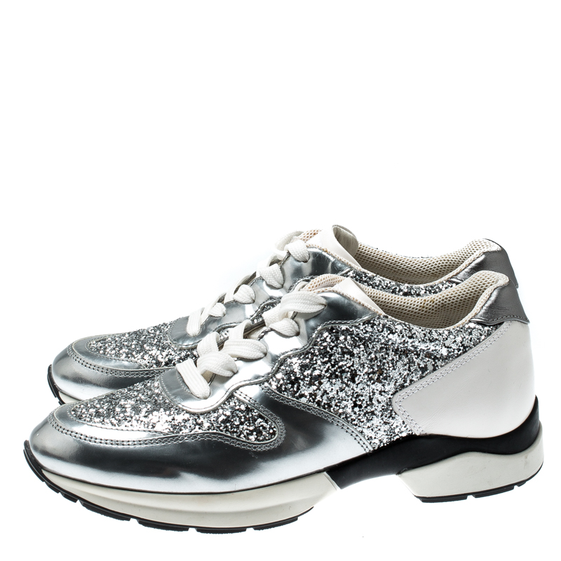 Tod's Metallic Silver Glitter And Leather Sportivo Lace Up Sneakers Size 36