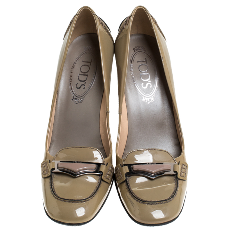 Tod's Beige Patent Leather Block Heel Loafer Pumps Size 37
