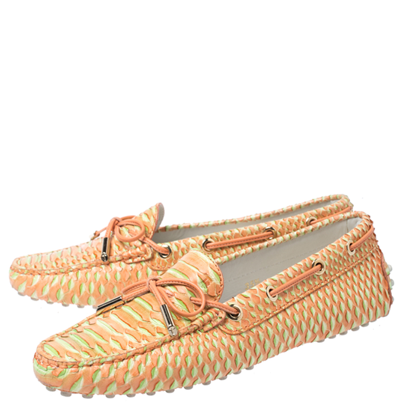 Tod's Orange/Green Python Gommino Bow Loafers Size 35.5