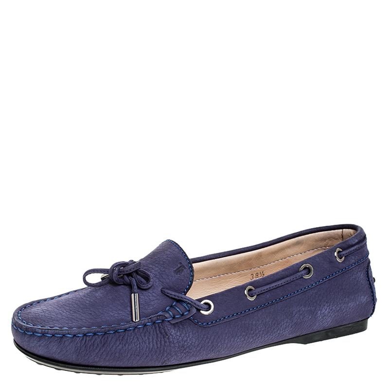 Tod`s Purple Nububk Leather Bow Gommino Loafers Size 38.5