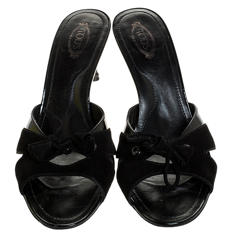 Tod's Black Suede And Patent Leather Slide Sandals Size 40