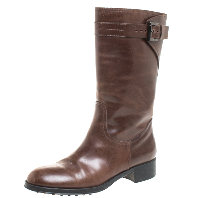 Image of Tod's Brown Leather Mid Calf Buckle Detail Biker Boots Size