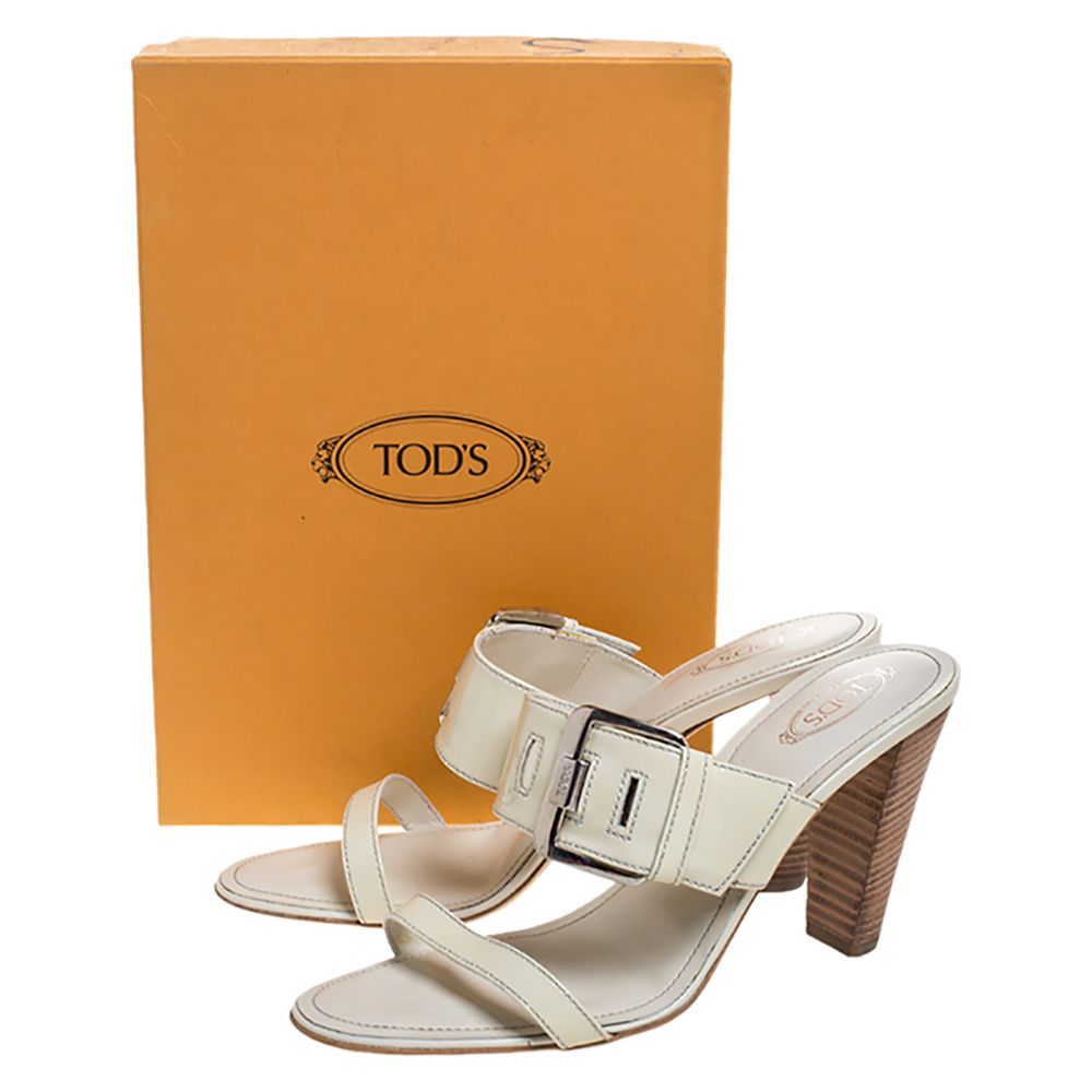 Tod's White Patent Leather Peggy Buckle Slide Sandals Size 41