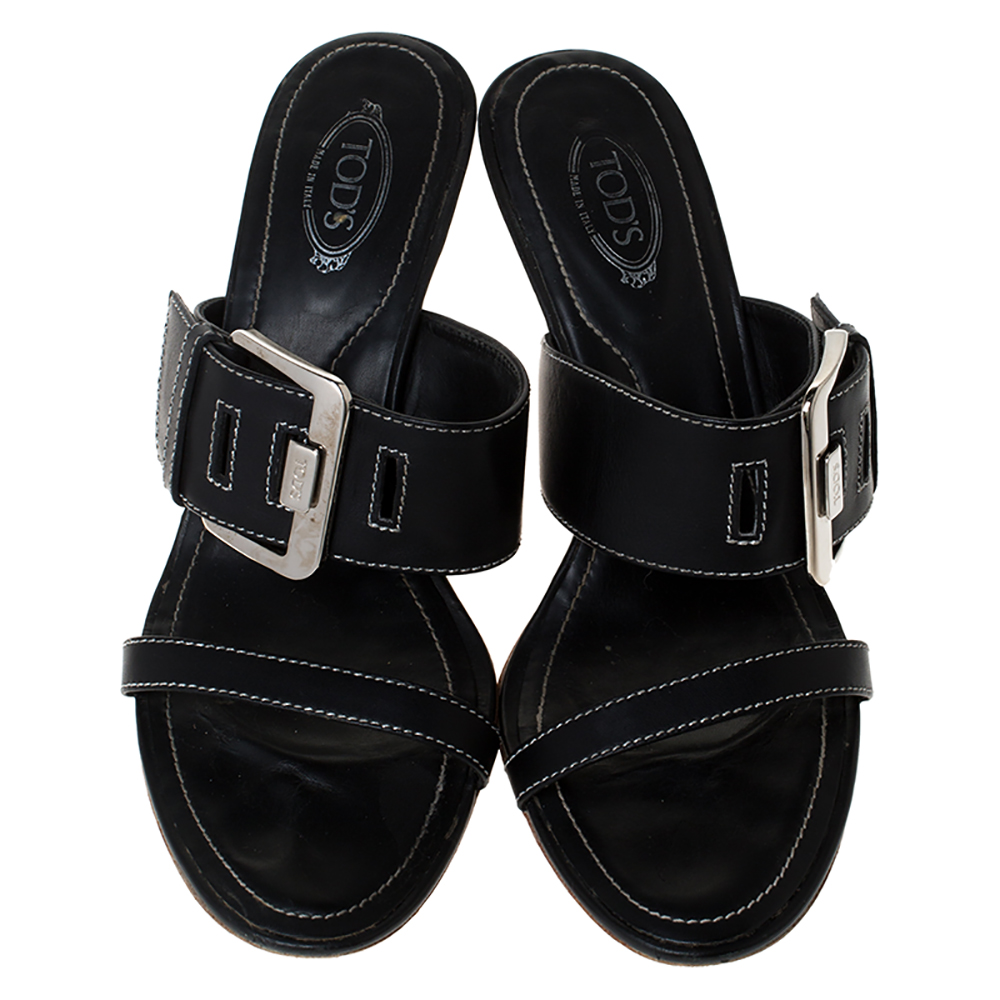 Tod's Black Leather Buckle Detail Slide Sandals Size 38