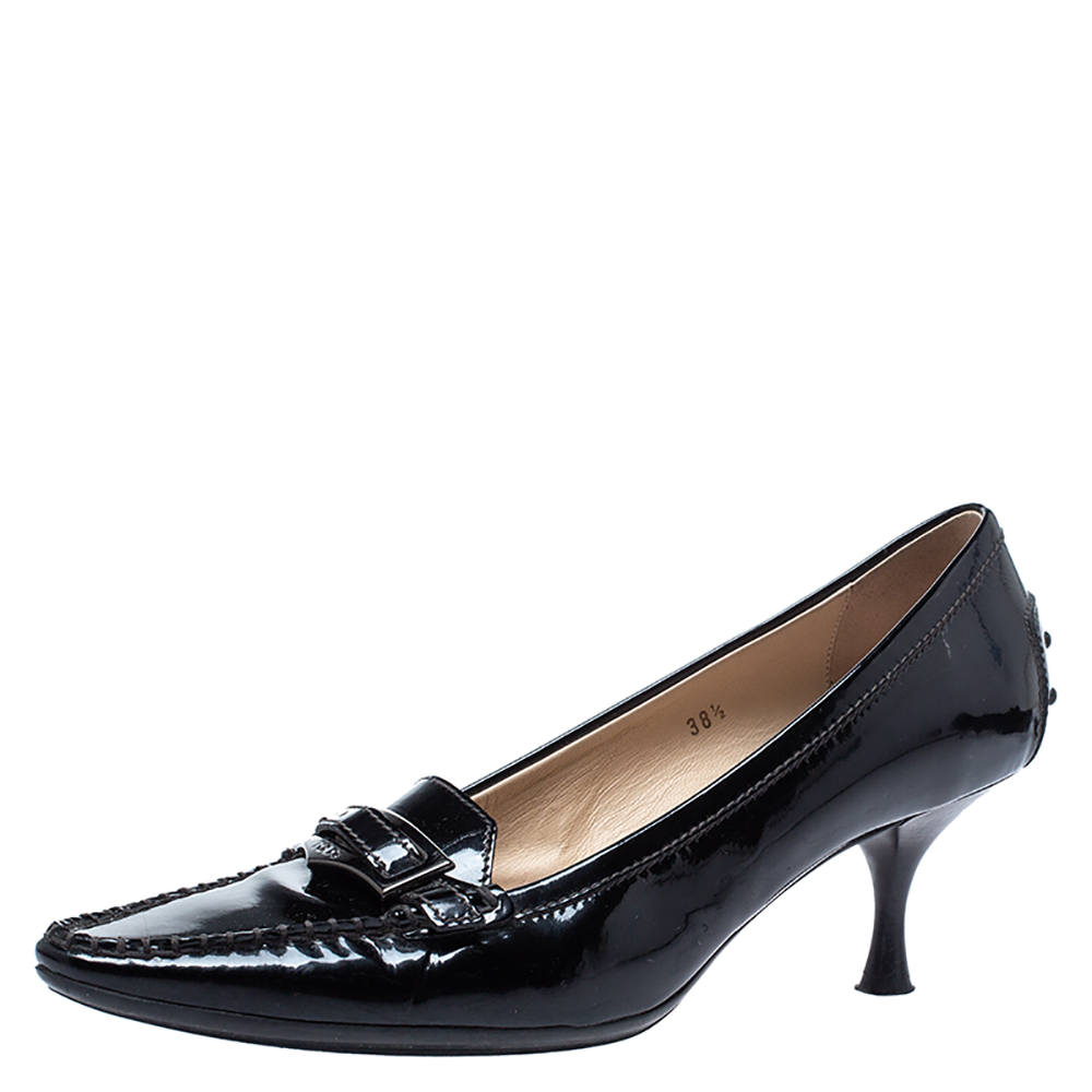Tod's Black Patent Leather Kitten Heel Loafer Pumps Size 38.5