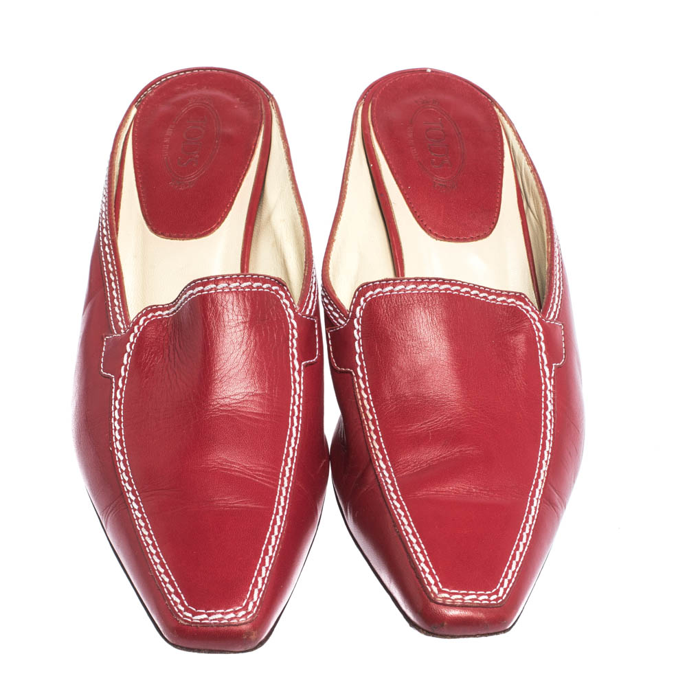 Tod's Red Leather Loafer Slide Kitten Heel Mules Size 37